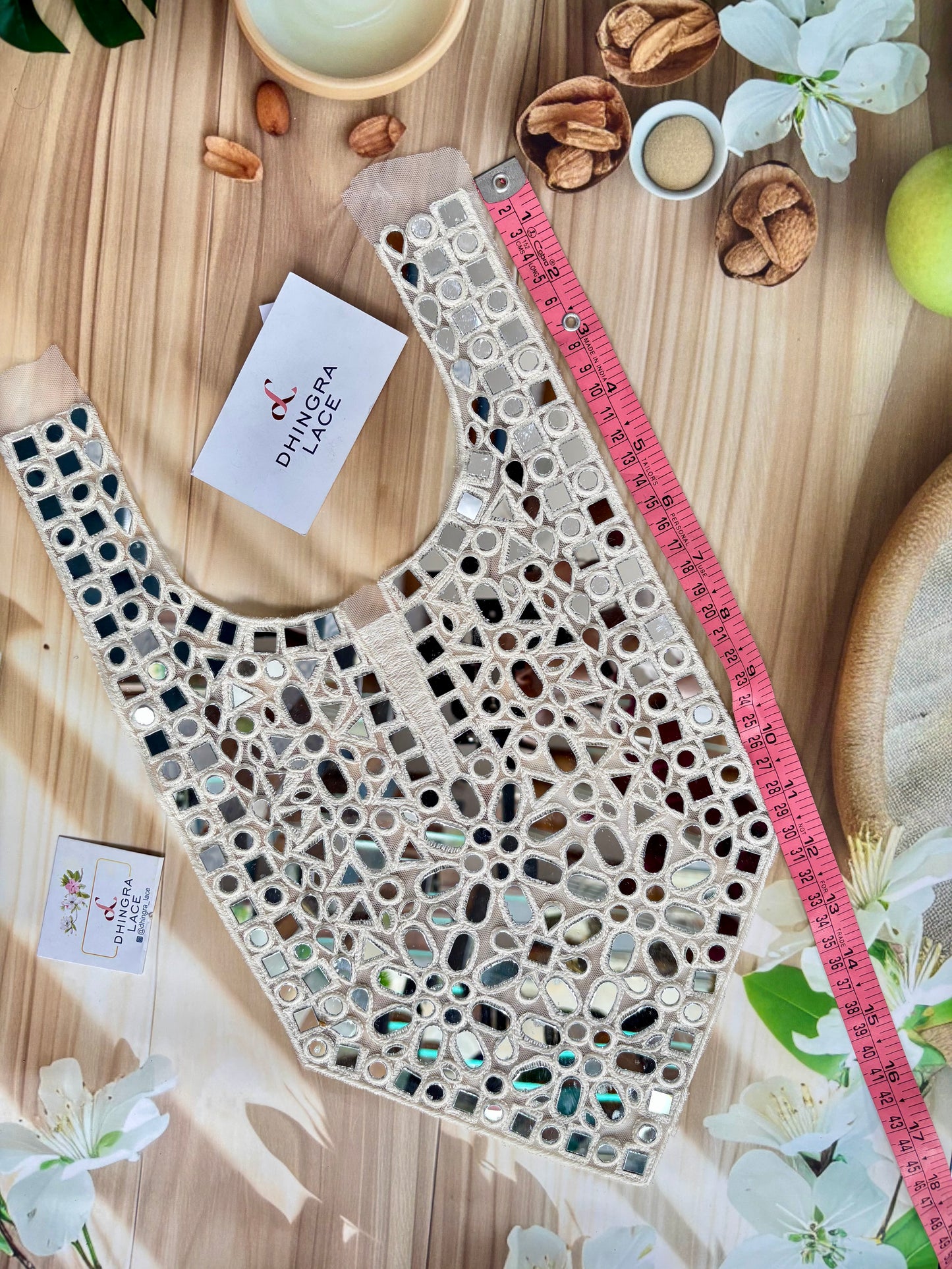 Beautiful Net Based Mirror Work Neck Off White 100725