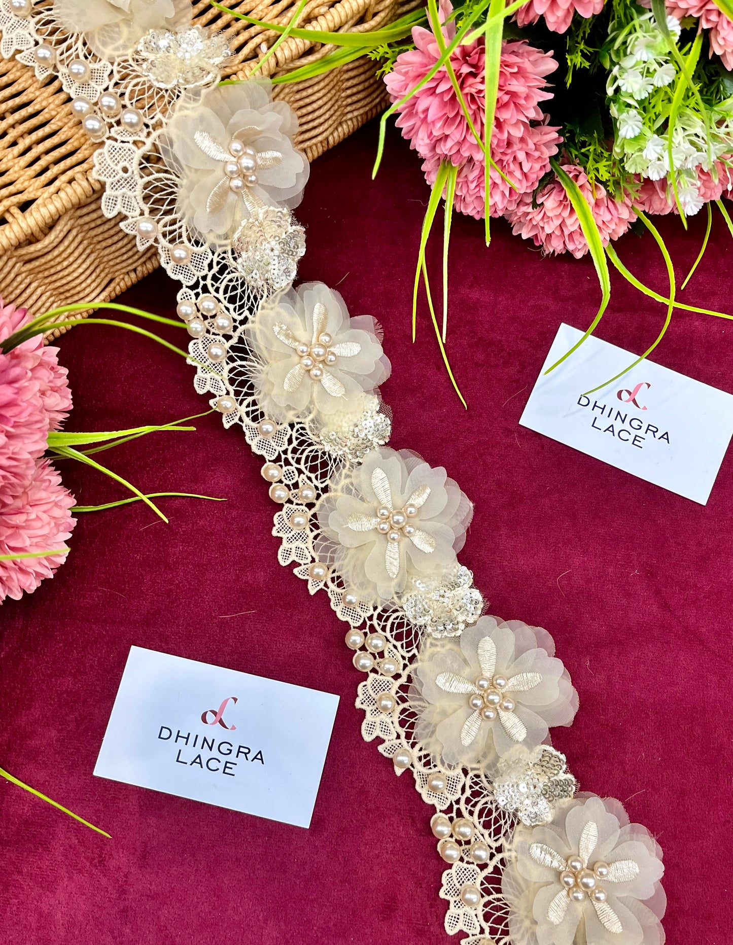 Beautiful Sequins And Beads Work Flowers Lace Off White 040225