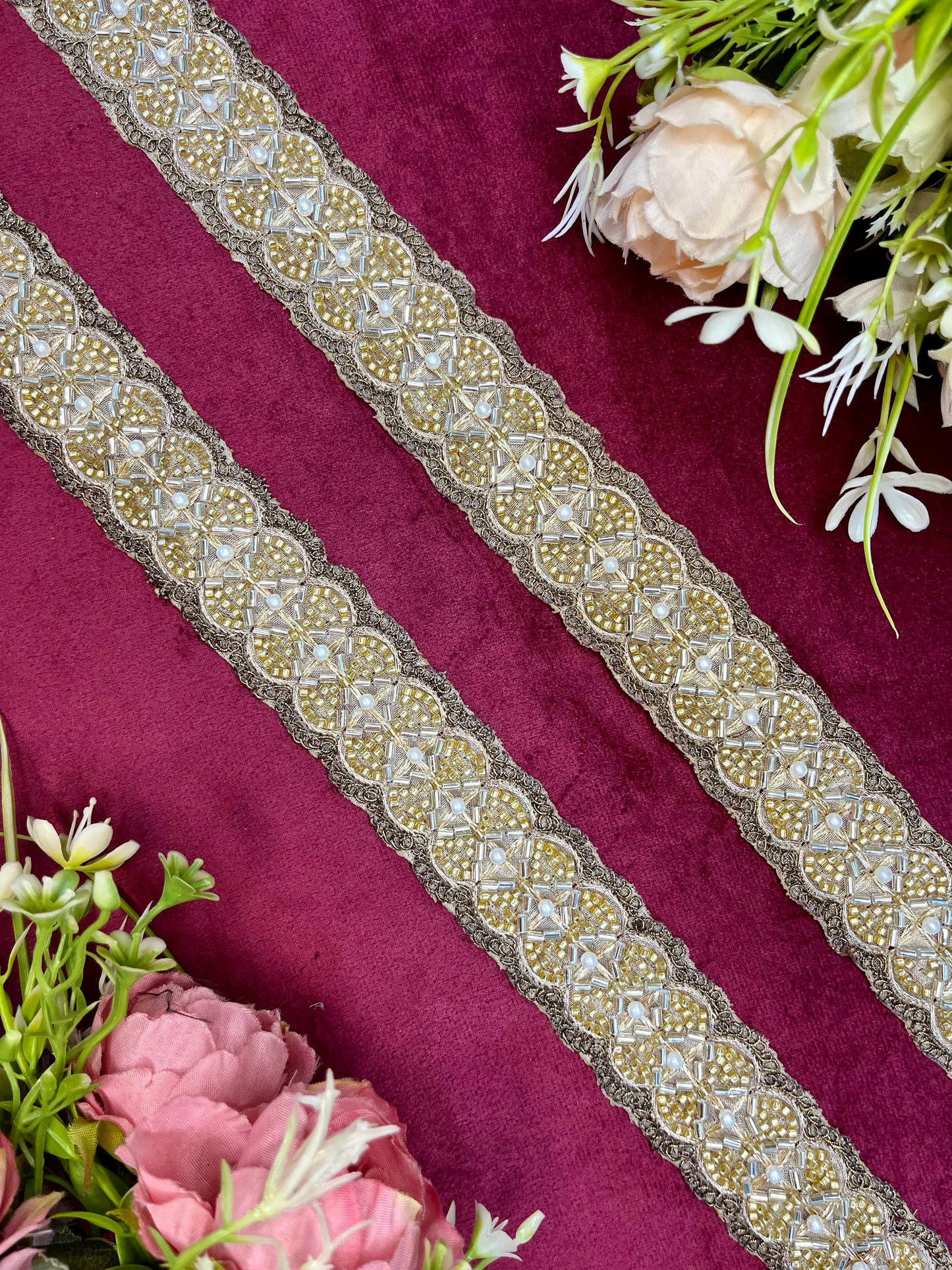 Beautiful Handwork Cutwork Beads And Cutpipe Antique Gold Lace 020824
