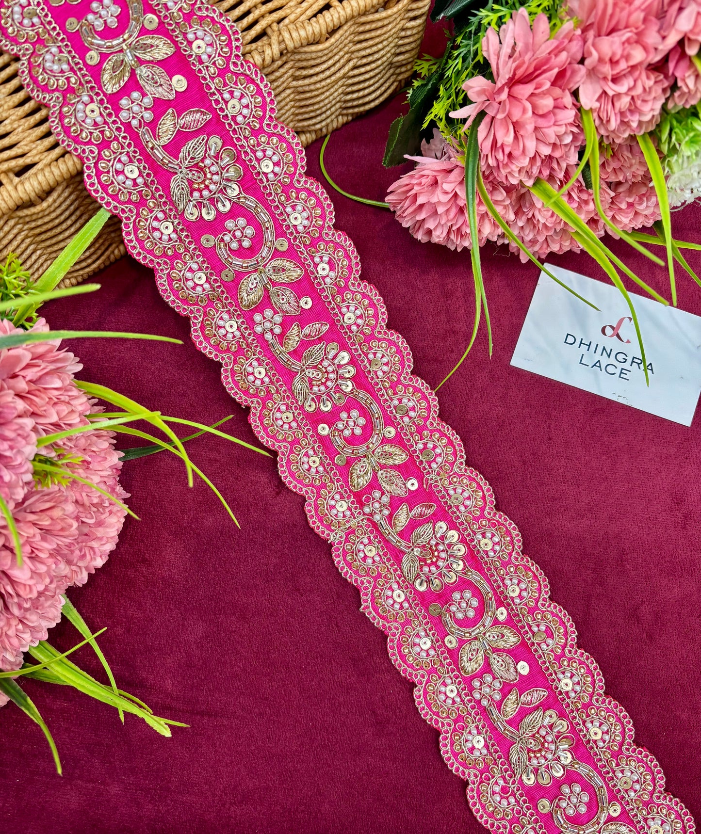 Beautiful Silk Based Handwork 3 Inches Broad Lace Magenta 150125