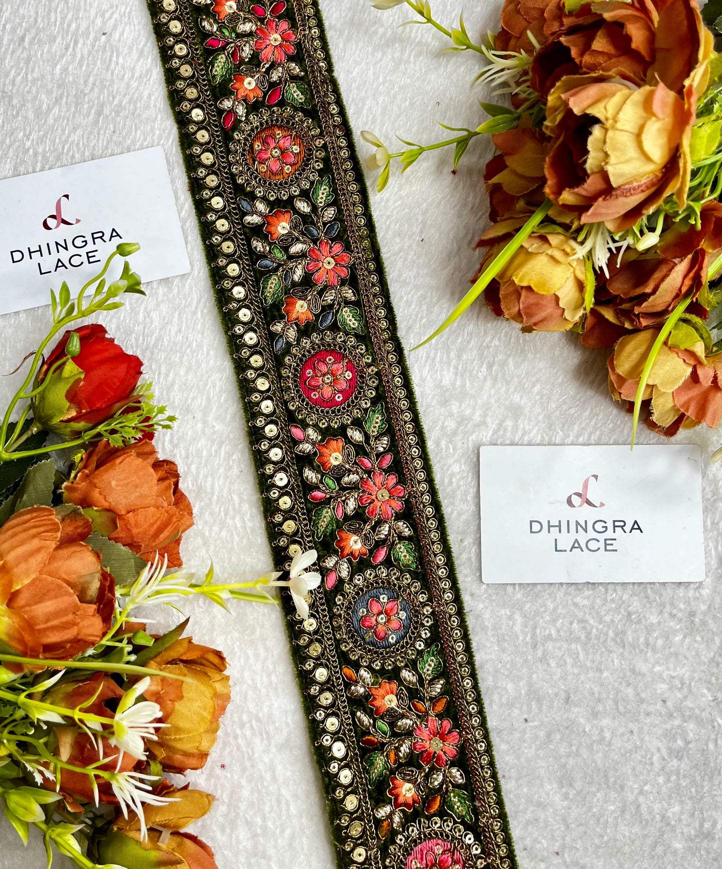 Beautiful Designer Border Olive Green Multi 111124