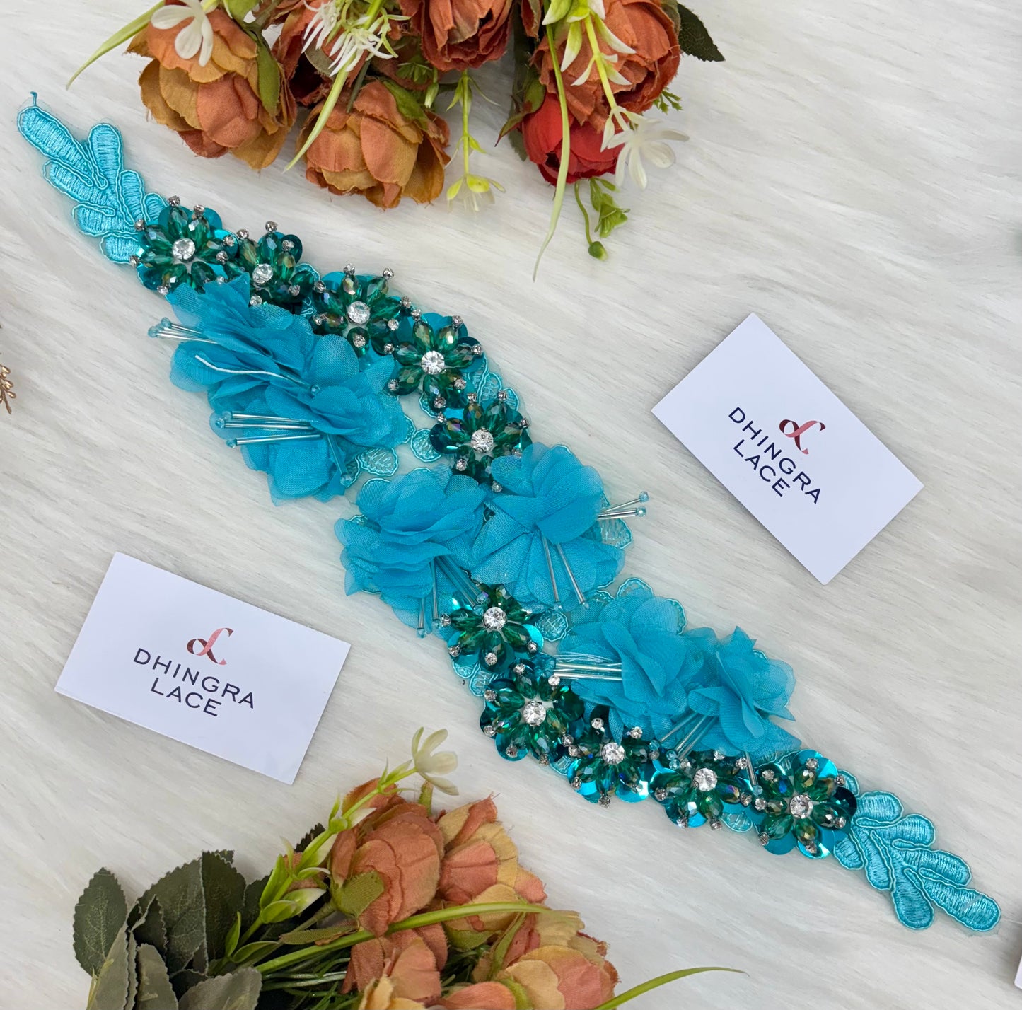 Beautiful Organza Based Crystal And Cutpipe Work Patch Sky Blue Length 17 Inches 220125