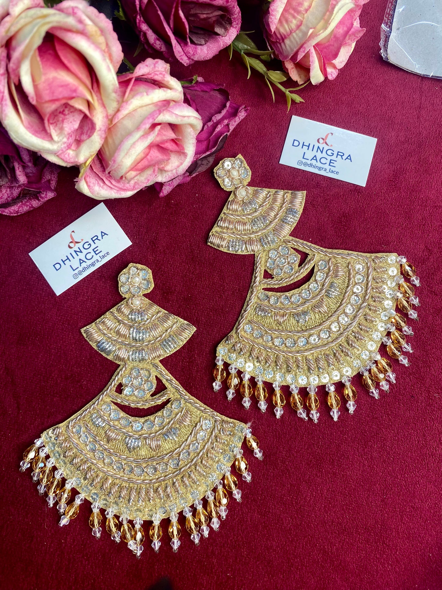 Beautiful Crystal & Zardozi Work Patches Gold L 5 W 4 Inches Pair (2 Pieces) 261225