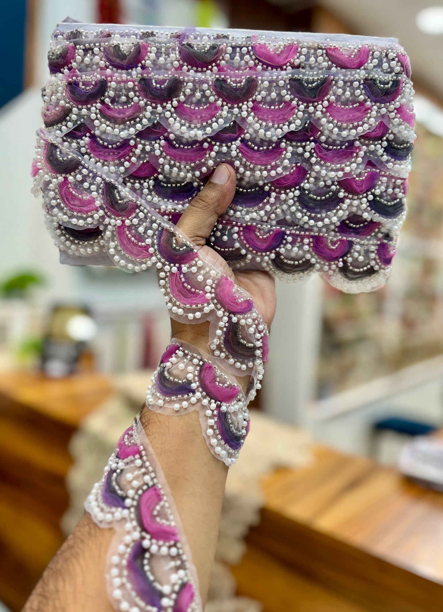 Beautiful Organza Based Pearls And Cutpipe Work Lace Multicolour 260825/251025