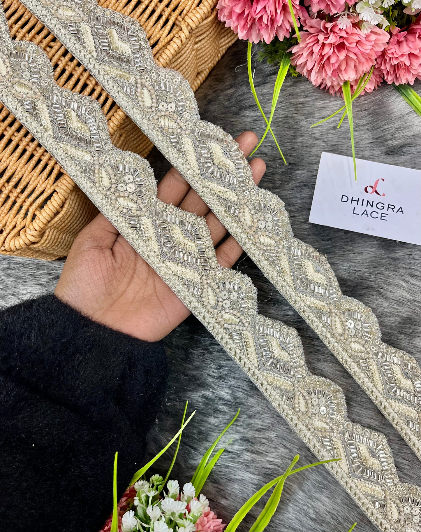 Beautiful Net Based Handwork Sequins And Cutpipe Work Lace Silver 270125