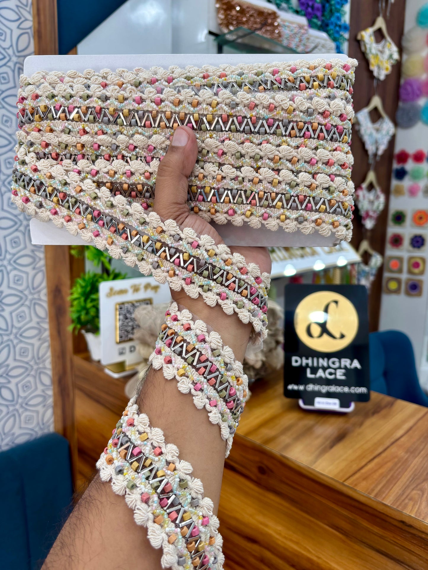 Beautiful Net Based Pearls Work Boho Lace Multicolour 021025/061025