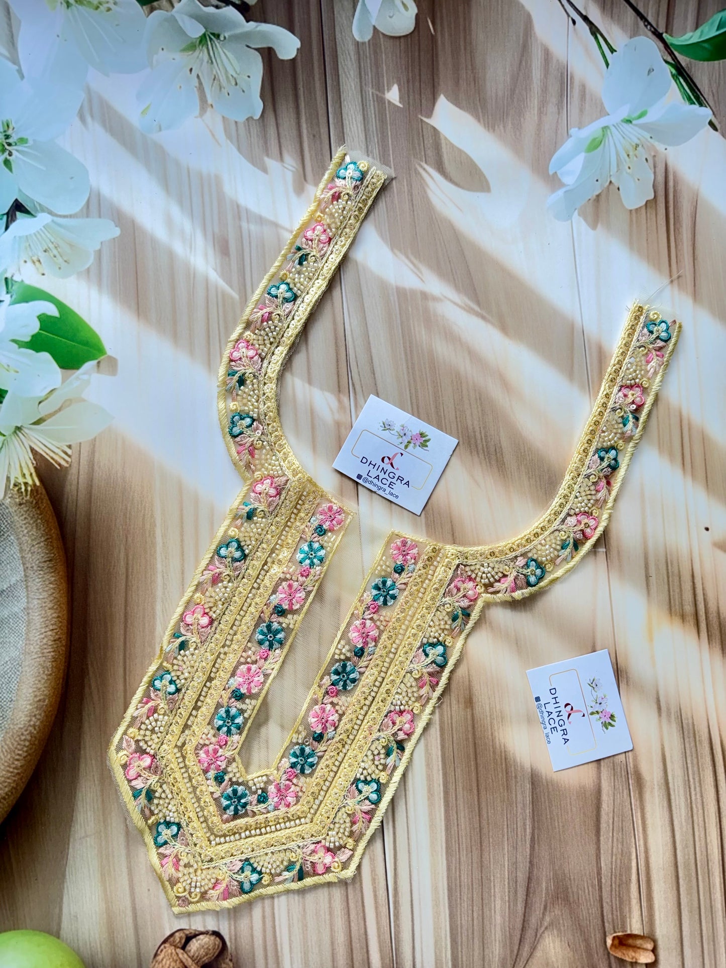 Beautiful Net Based Threadwork & Cutdana Work Neck Yellow 130625/6