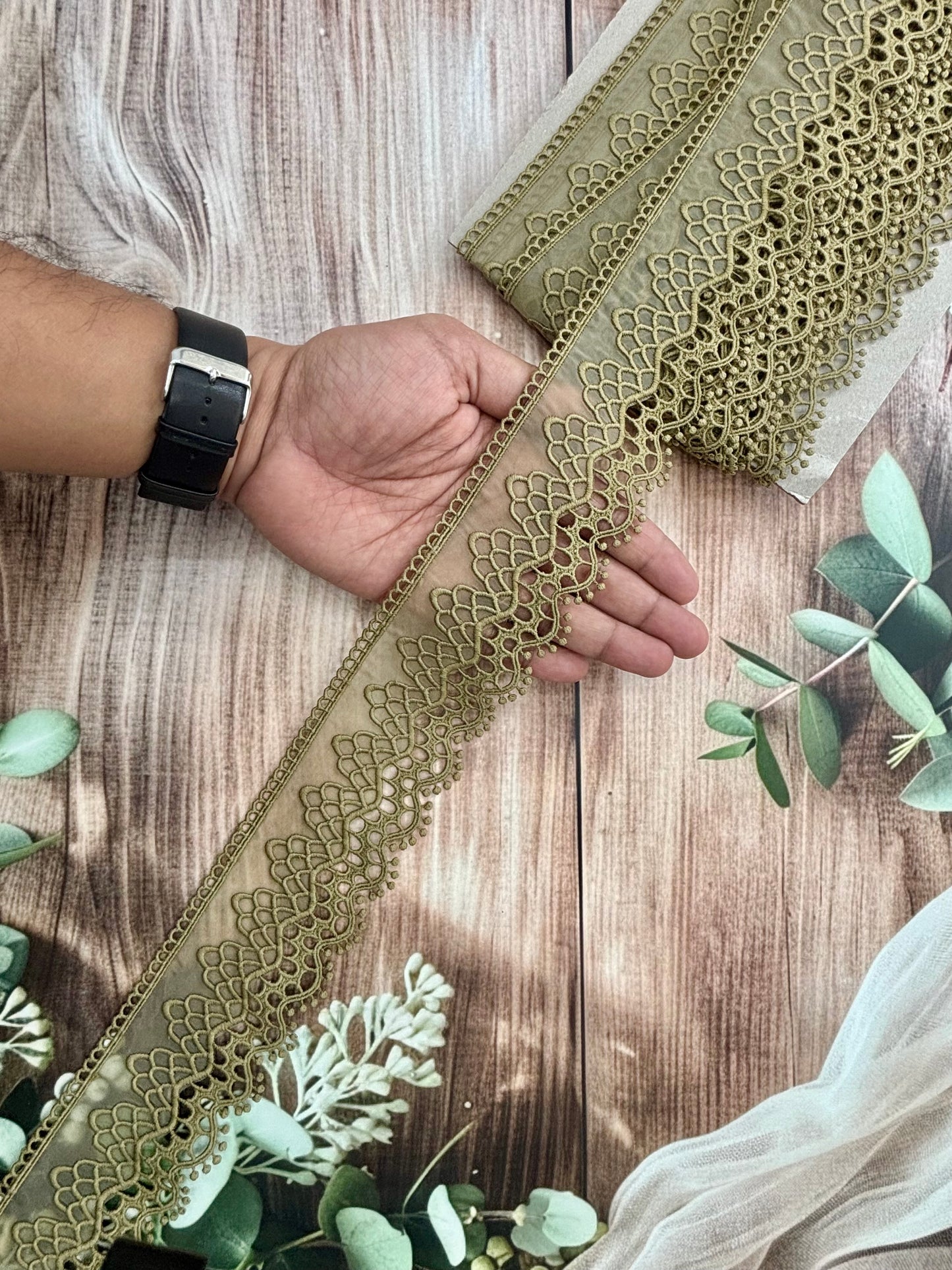 Beautiful Organza Based Scallop Lace Medium Olive Green Colourful (1 Meter ) 190226/130726