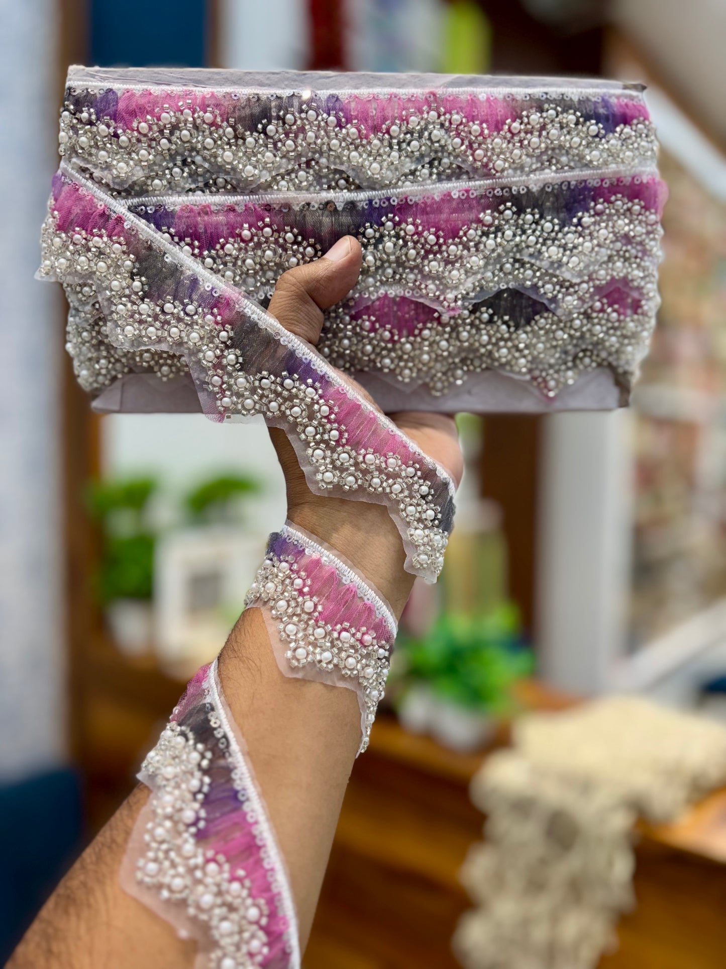 Beautiful Organza Based Pearls And Cutpipe Work Lace Multicolour 260825