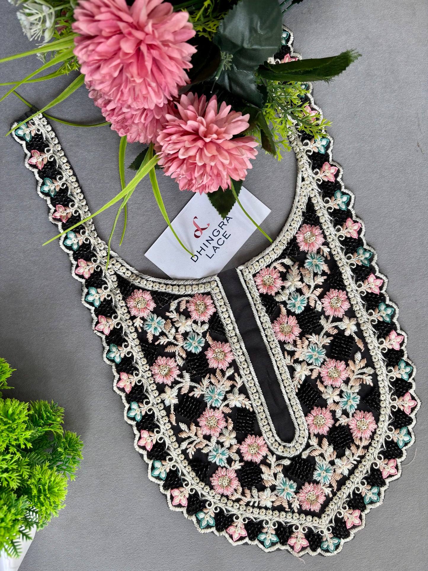 Beautiful Net Based Threadwork & Cutdana Work Neck Black 130625/7