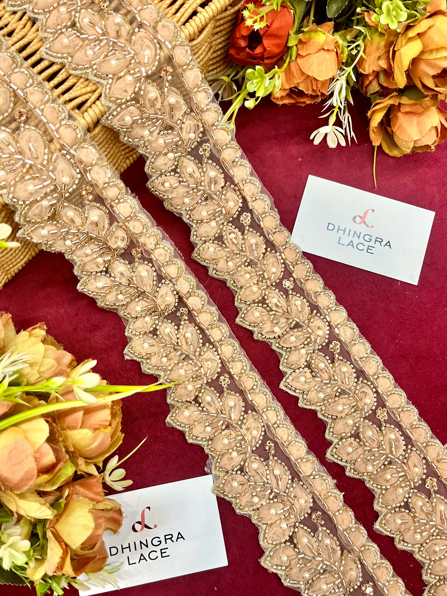 Beautiful Organza Based Cutpipe And Beads Work Lace Peach 200325