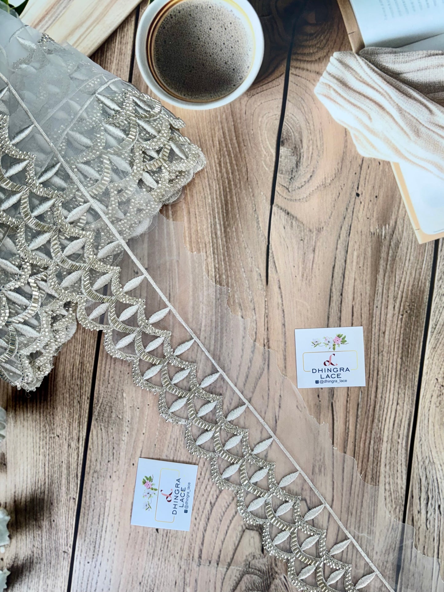 Beautiful Organza Based Threadwork Or Cutpipe Work Lace Silver 200925