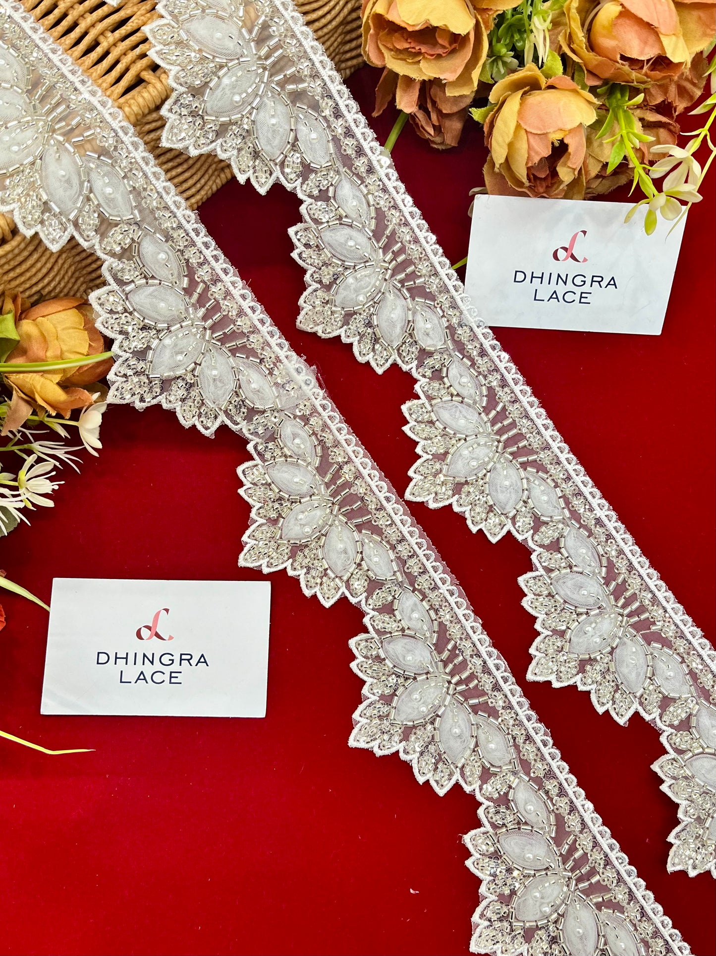 Beautiful Handwork Cutpipe And Pearls Work Dyeable Lace 111224