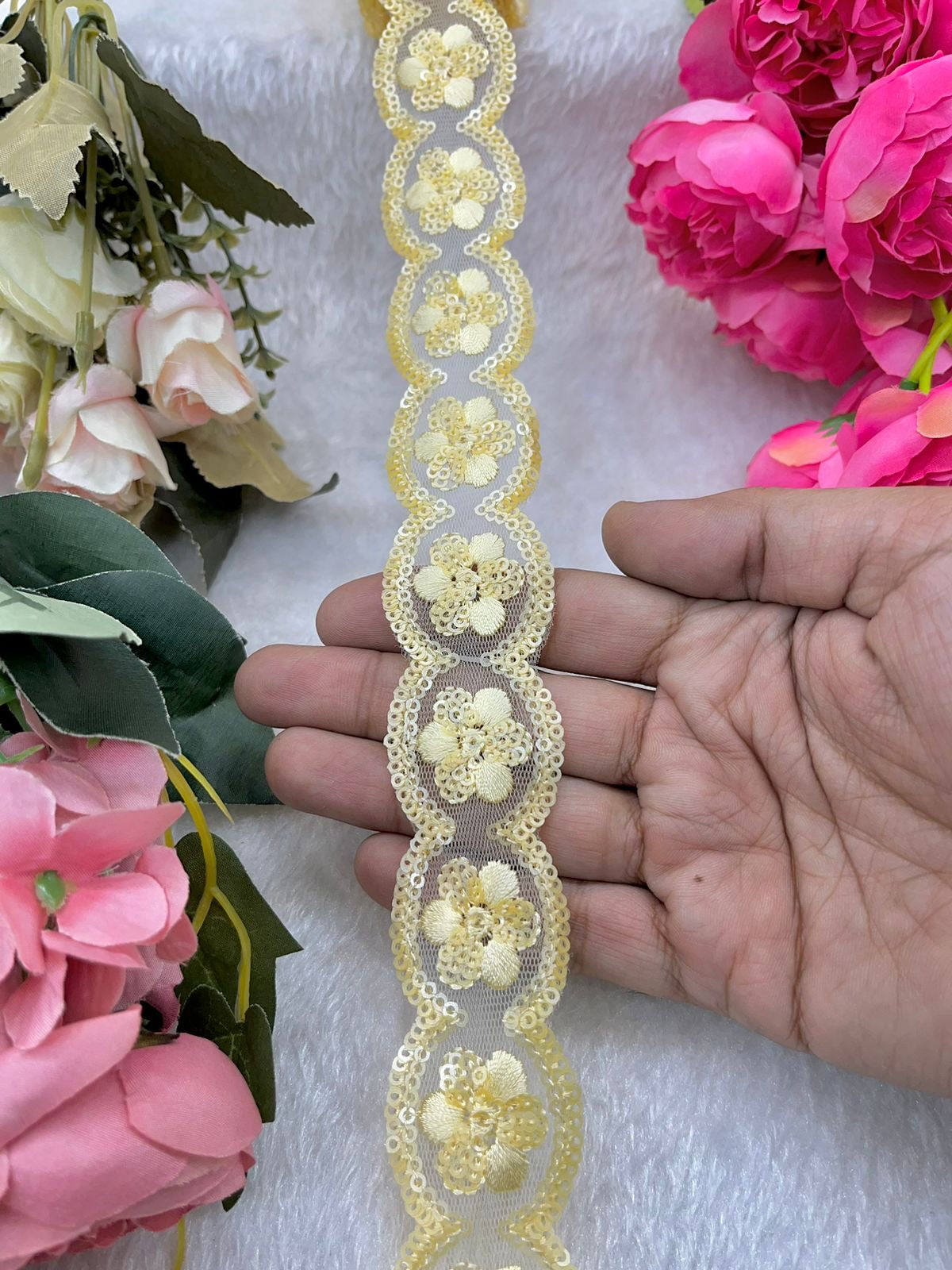 Beautiful Sequins Work Lace Yellow 240824