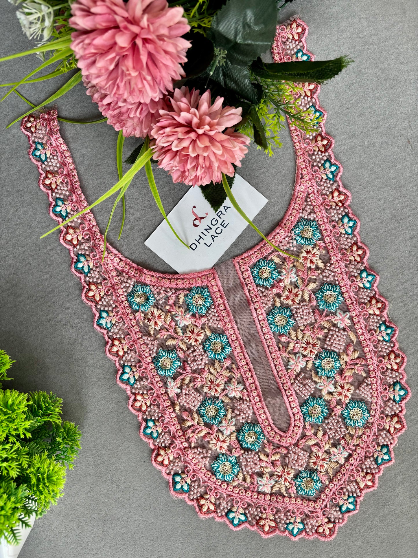 Beautiful Net Based Threadwork & Cutdana Work Neck Pink 130625/8