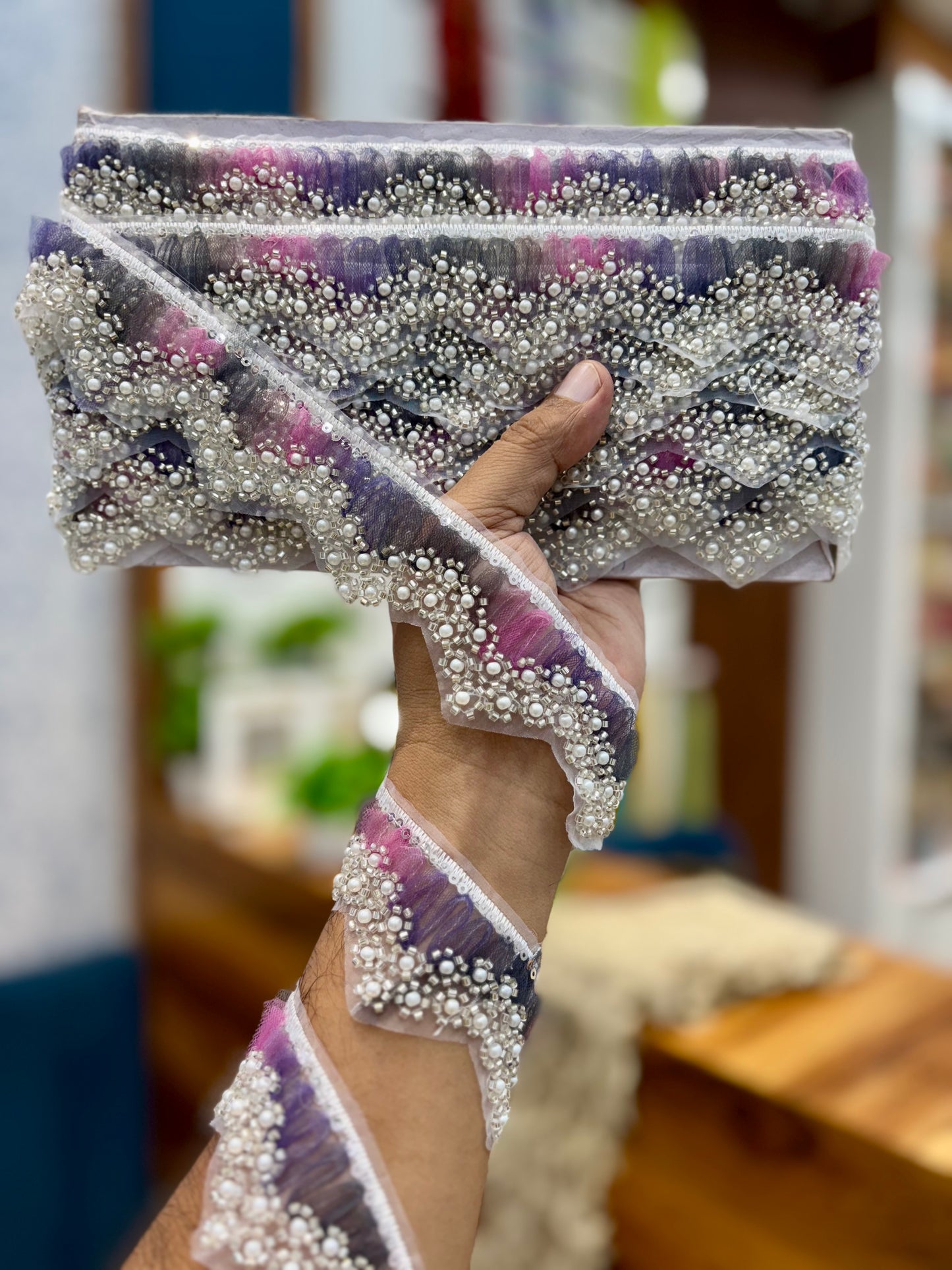 Beautiful Organza Based Pearls And Cutpipe Work Lace Multicolour 260825