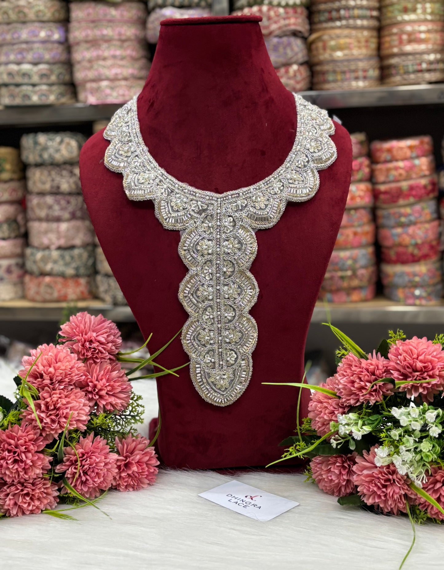 Beautiful Net Based Cutpipe And Sequence Work Neck Silver 130325