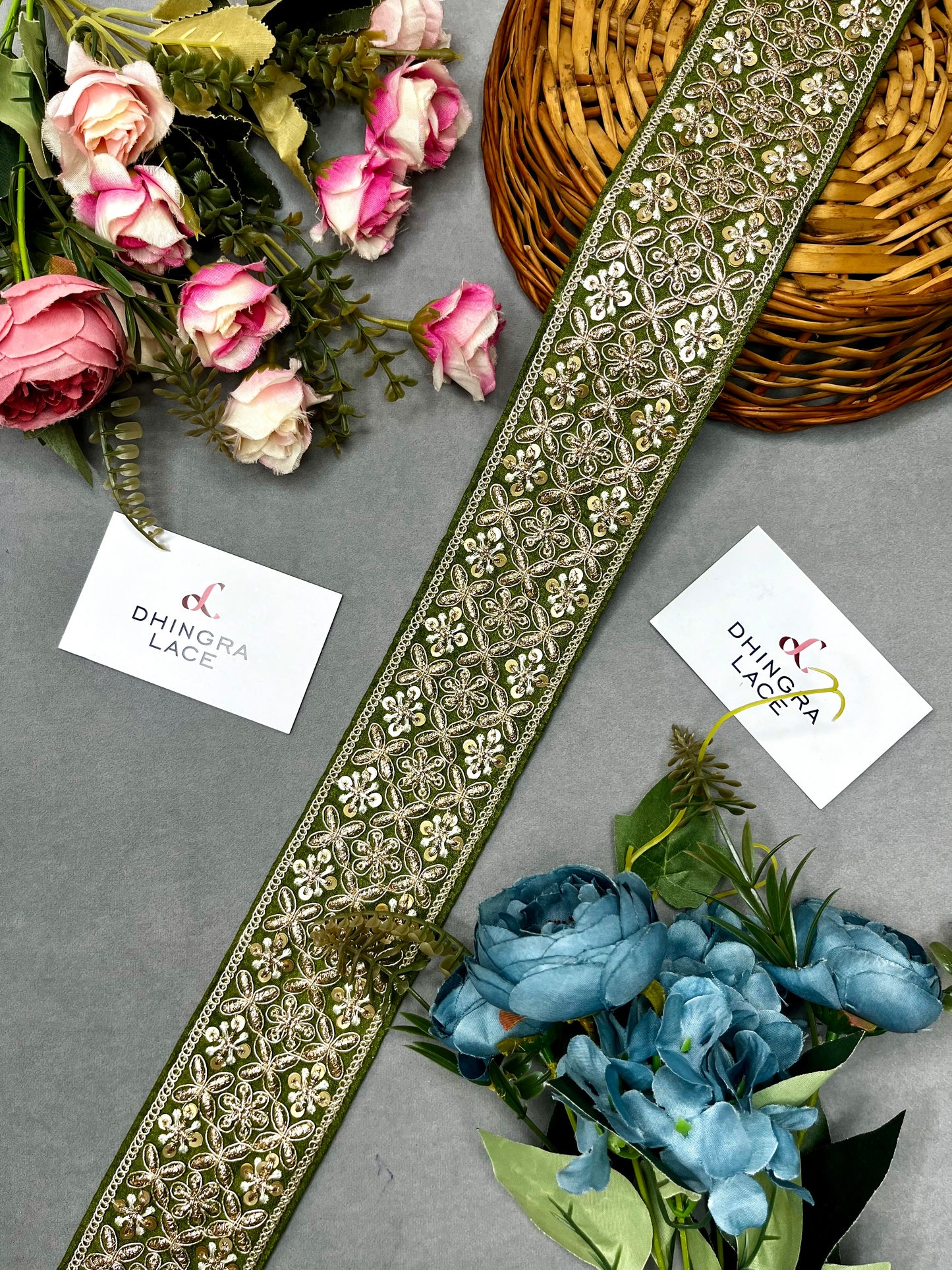 Beautiful Silk Base Zari And Dori Work 2 Inches Broad Border Olive Green 020824