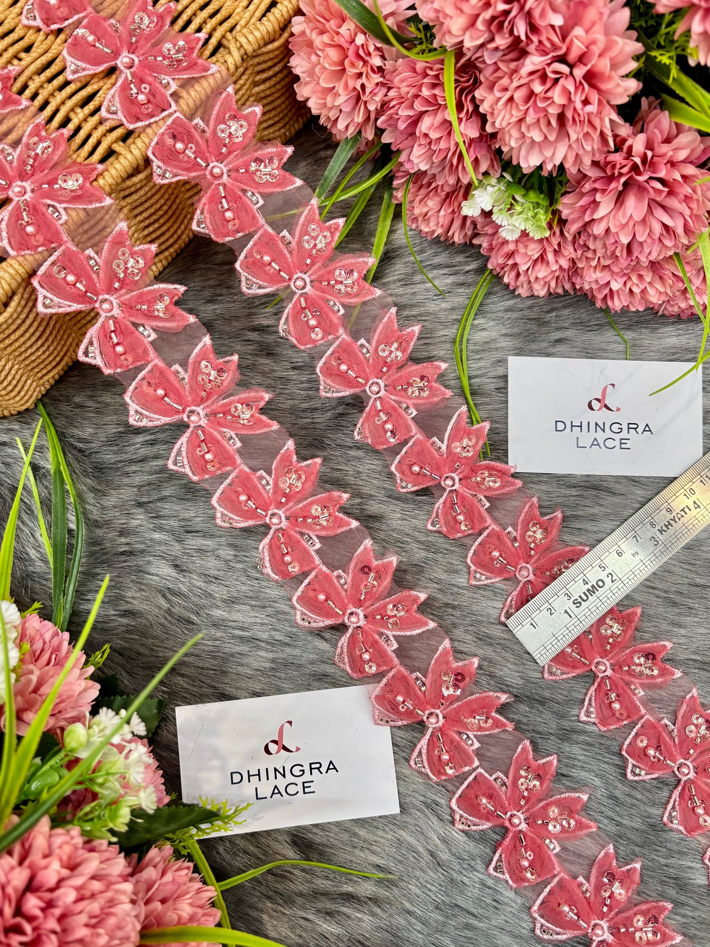 Beautiful Organza Based Cutpipe Sequence And Beads Work Bow Lace Reddish Pink 220225