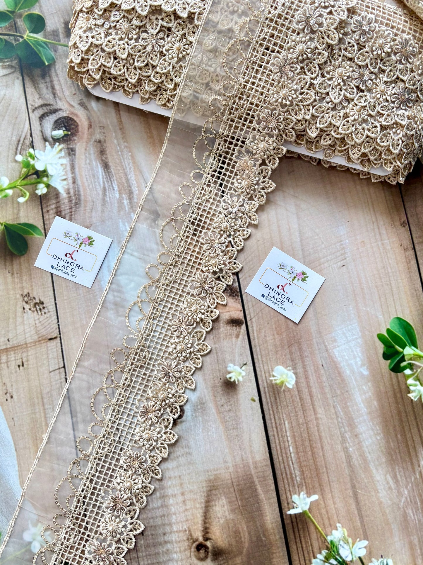 Beautiful Organza Based Threadwork Sequence And Pearls Work 4 Inches Broad Lace Beige 060825
