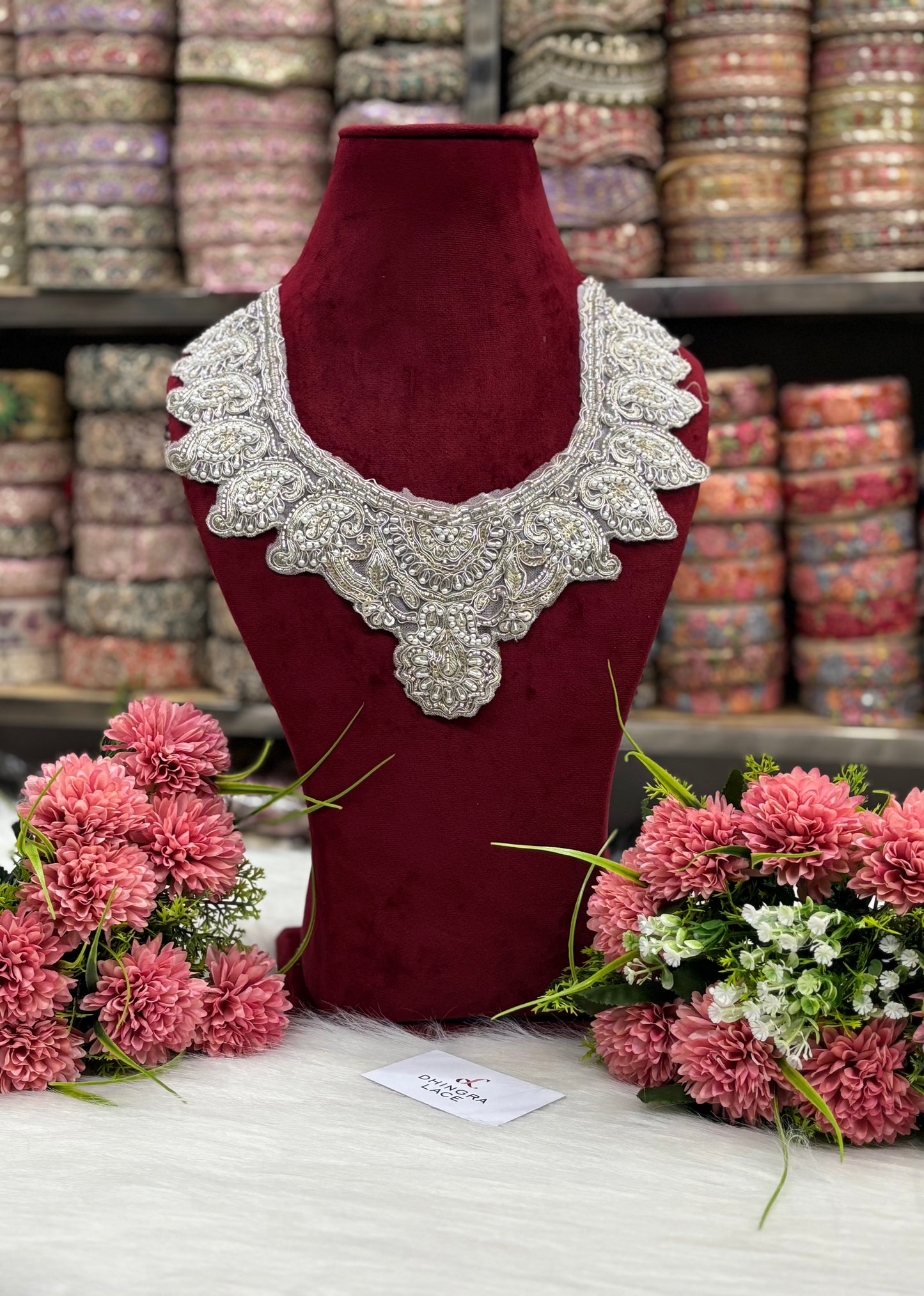 Beautiful Net Based Cutpipe And Sequence Work Neck Silver 130325