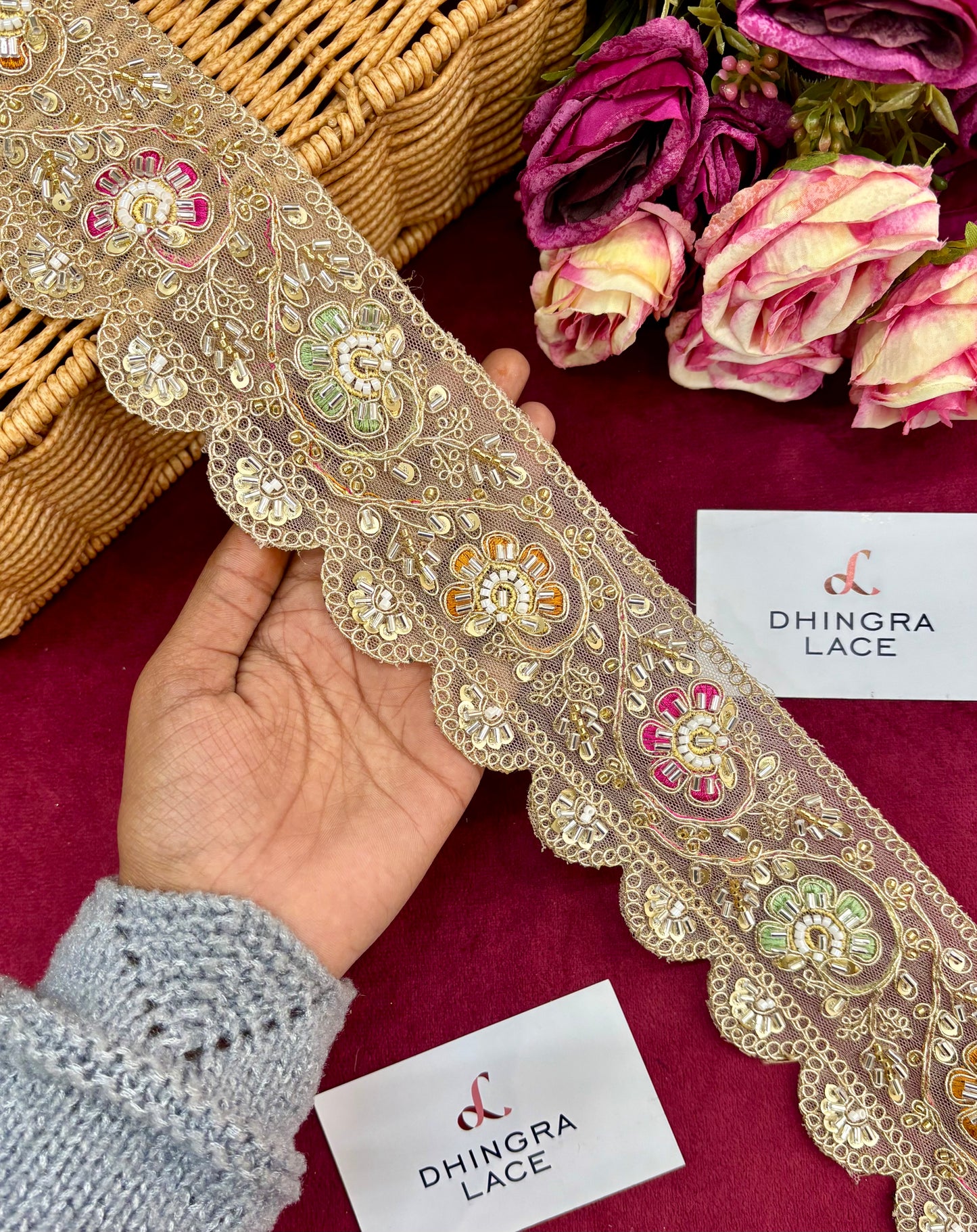 Beautiful Net Based Handwork Sequence And Cutpipe Work Lace 070225/180225