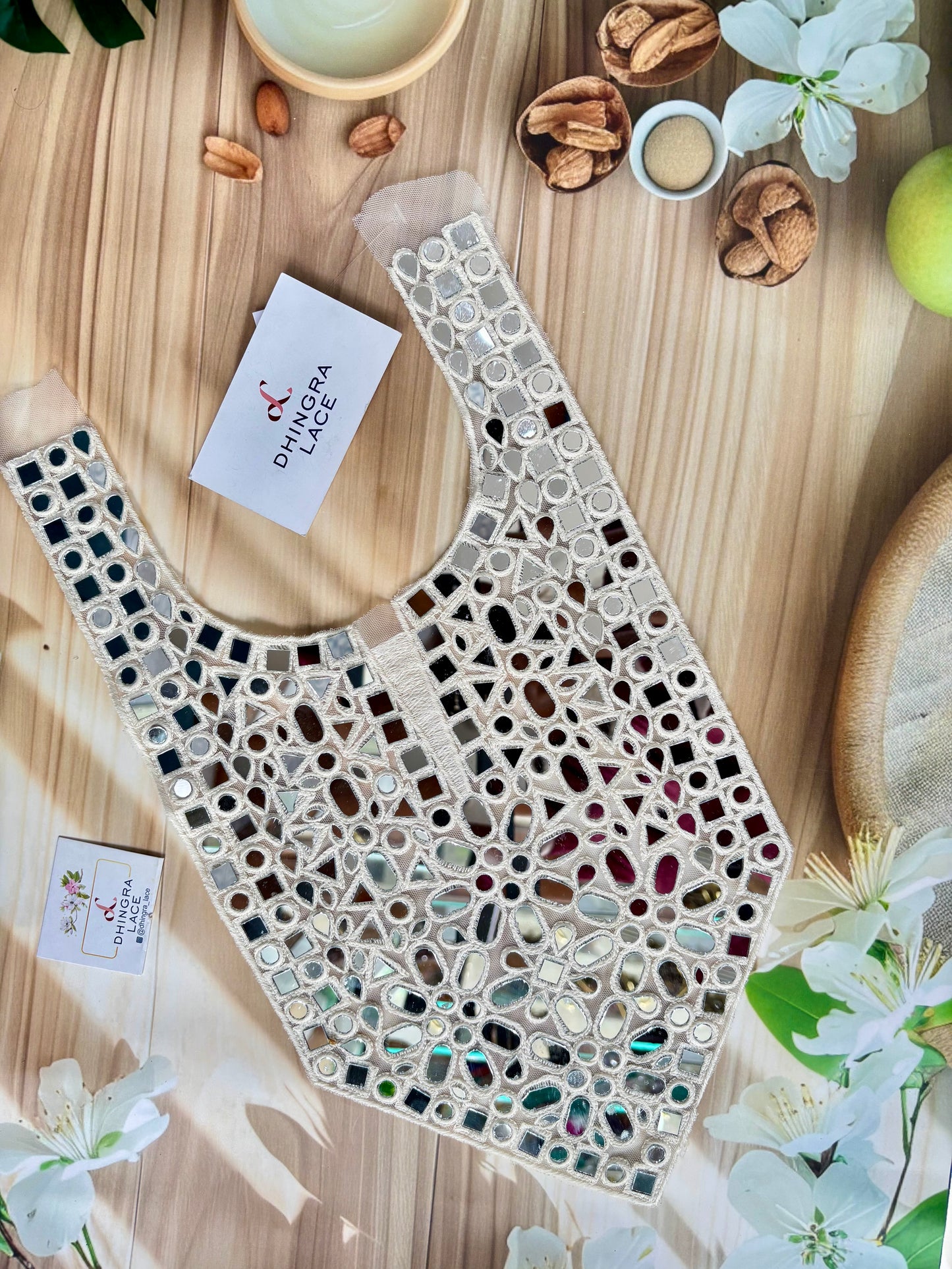 Beautiful Net Based Mirror Work Neck Off White 100725