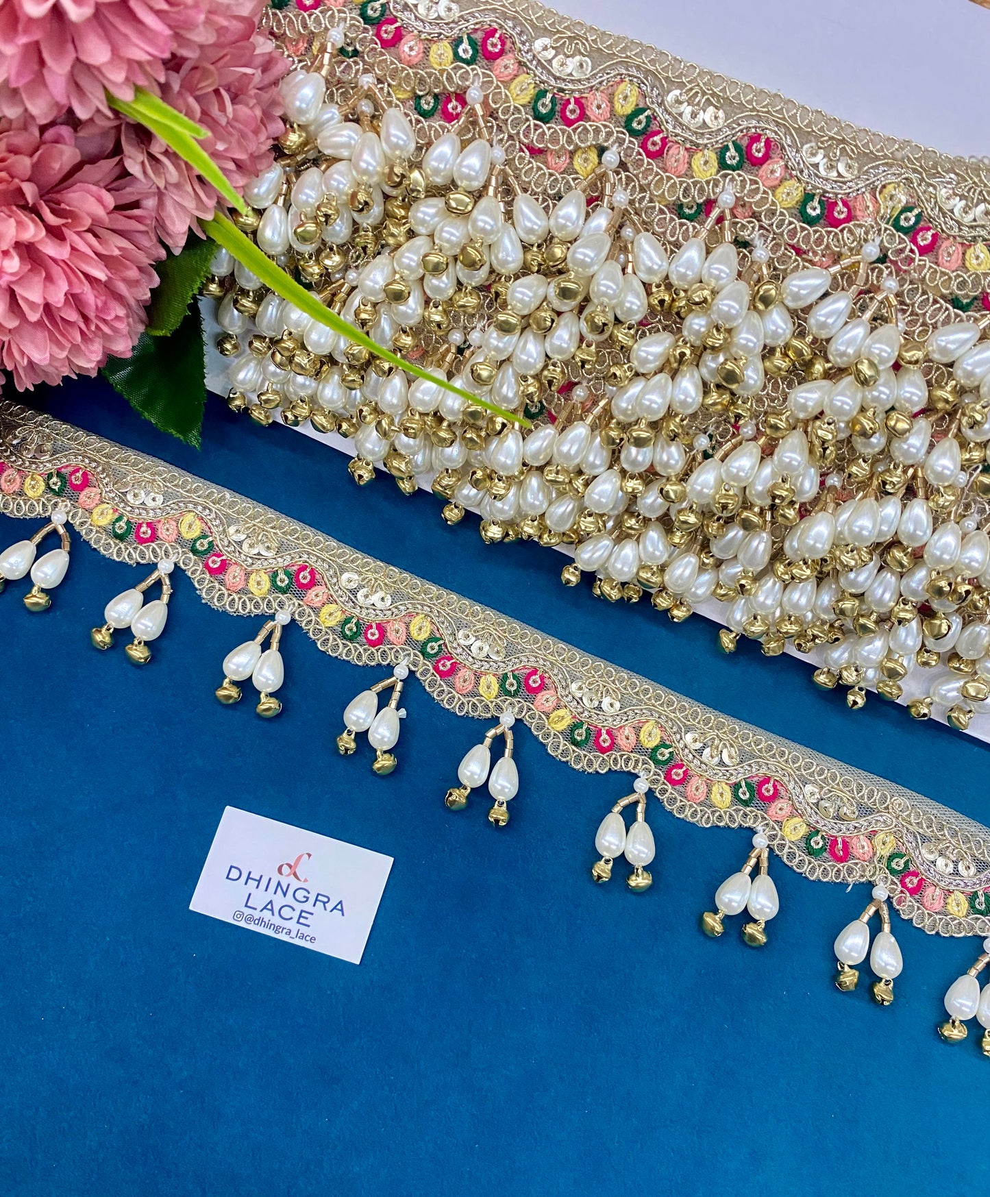 Beautiful Neck Based Multicolour Pearl Work Hanging Lace (1 Meter) 150826