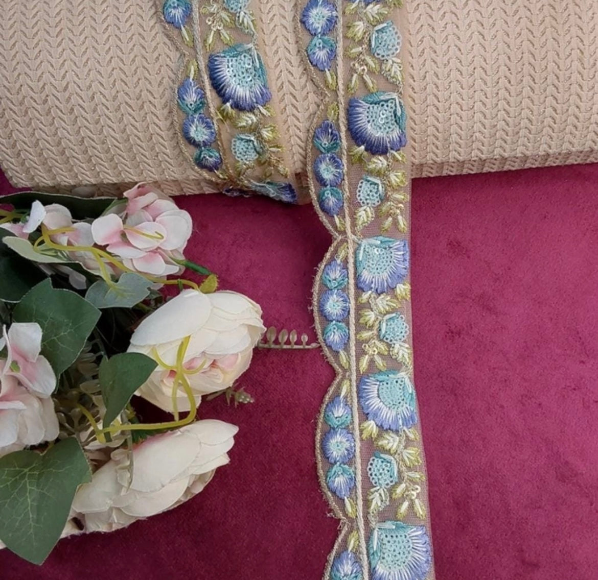 Beautiful Net Based 2 Inches Broad Scallop Thread and Sequins Work Lace Sky Blue & Blue 140924