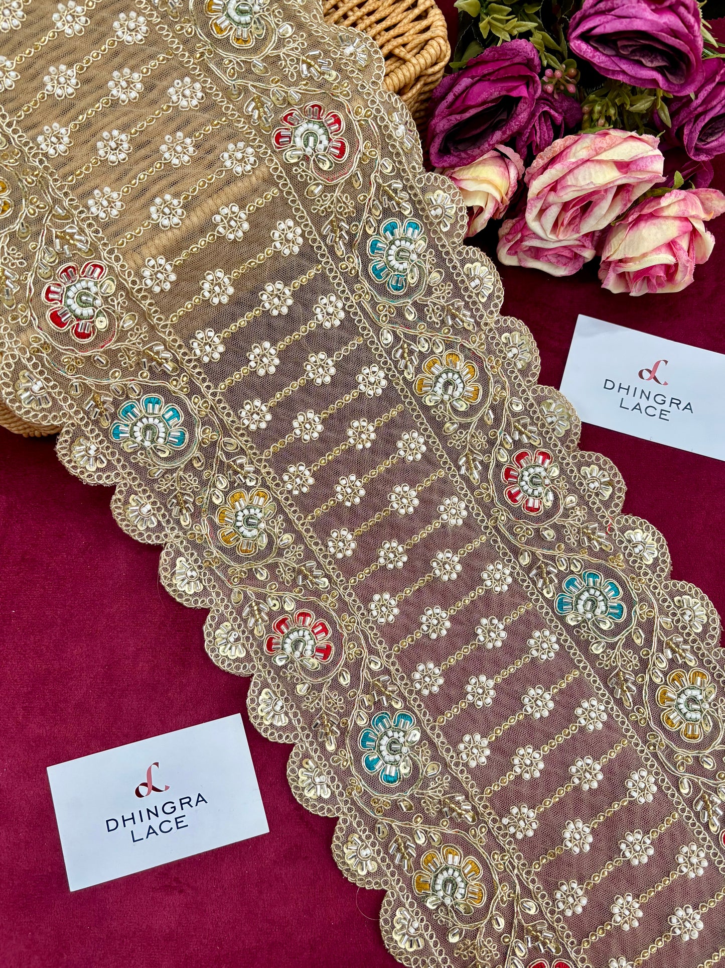 Beautiful Net Based Handwork Sequence And Cutpipe Work 8 Inches Broad Border 070225/180225