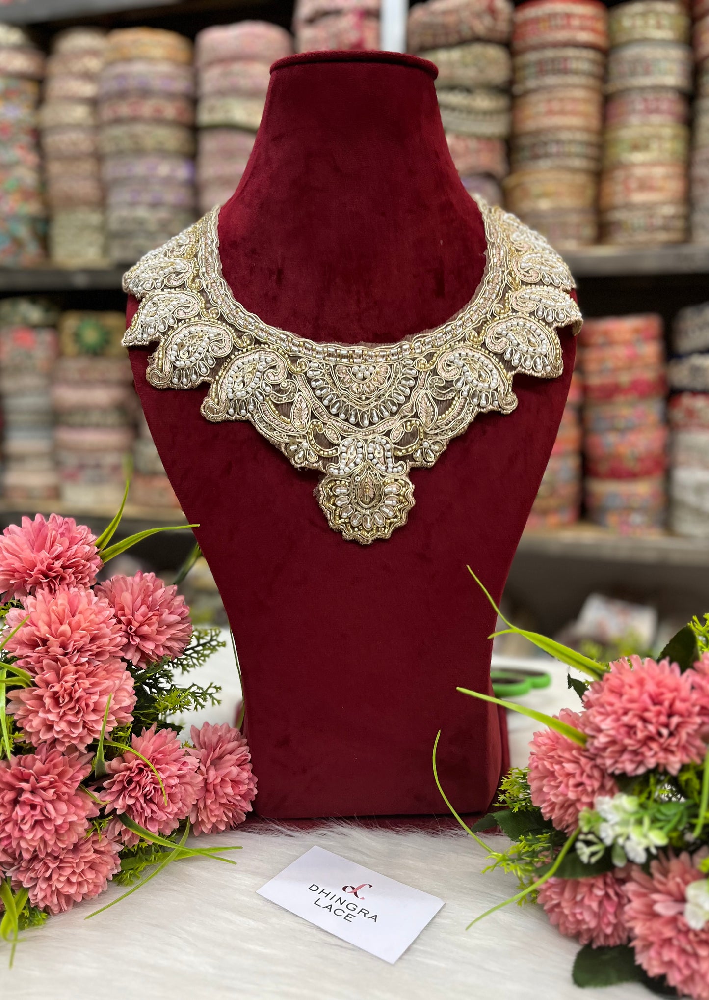 Beautiful Net Based Cutpipe And Sequence Work Neck Rose Gold 130325