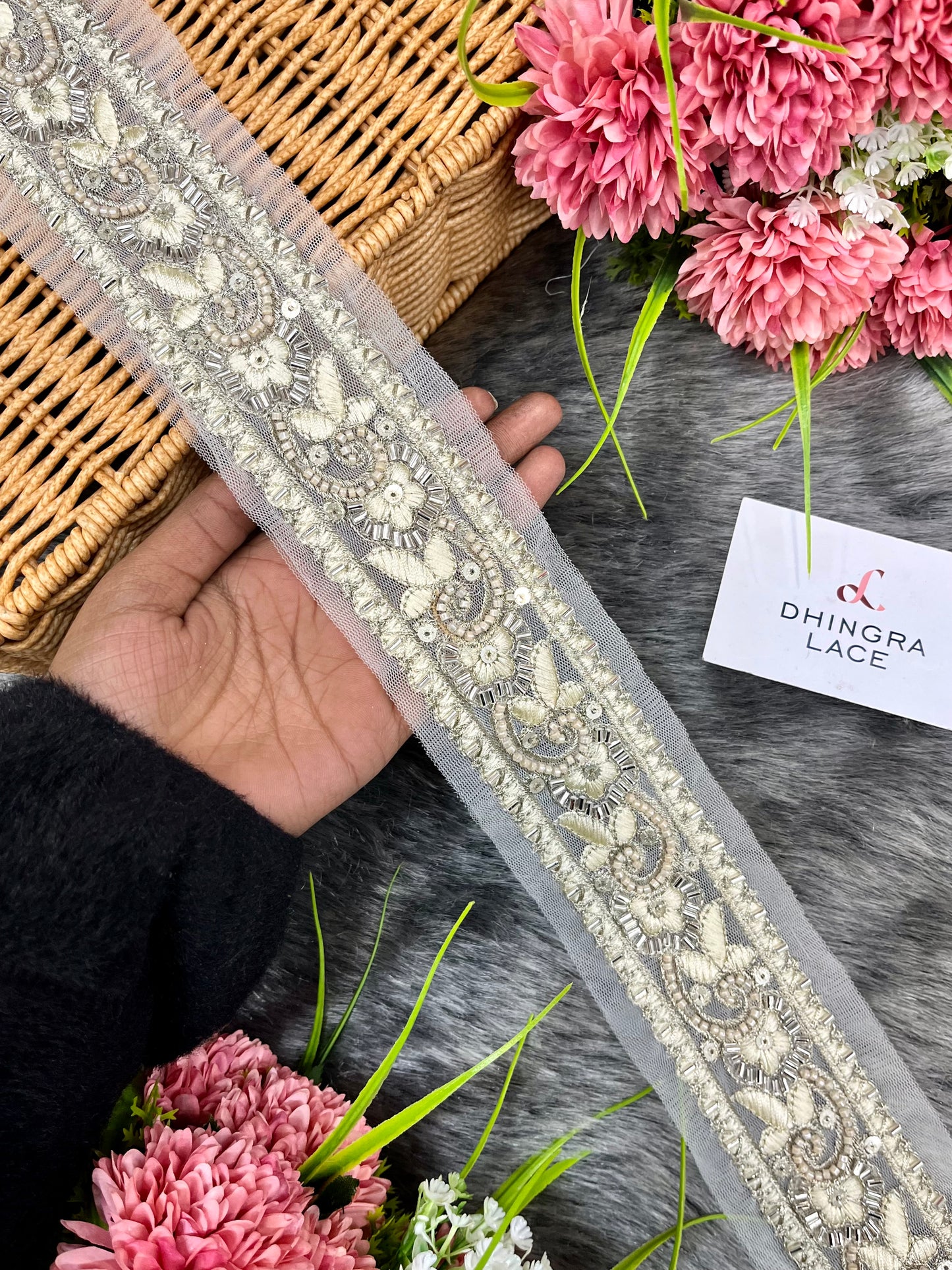 Beautiful Net Based Handwork Sequins And Cutpipe Work Lace Silver 270125