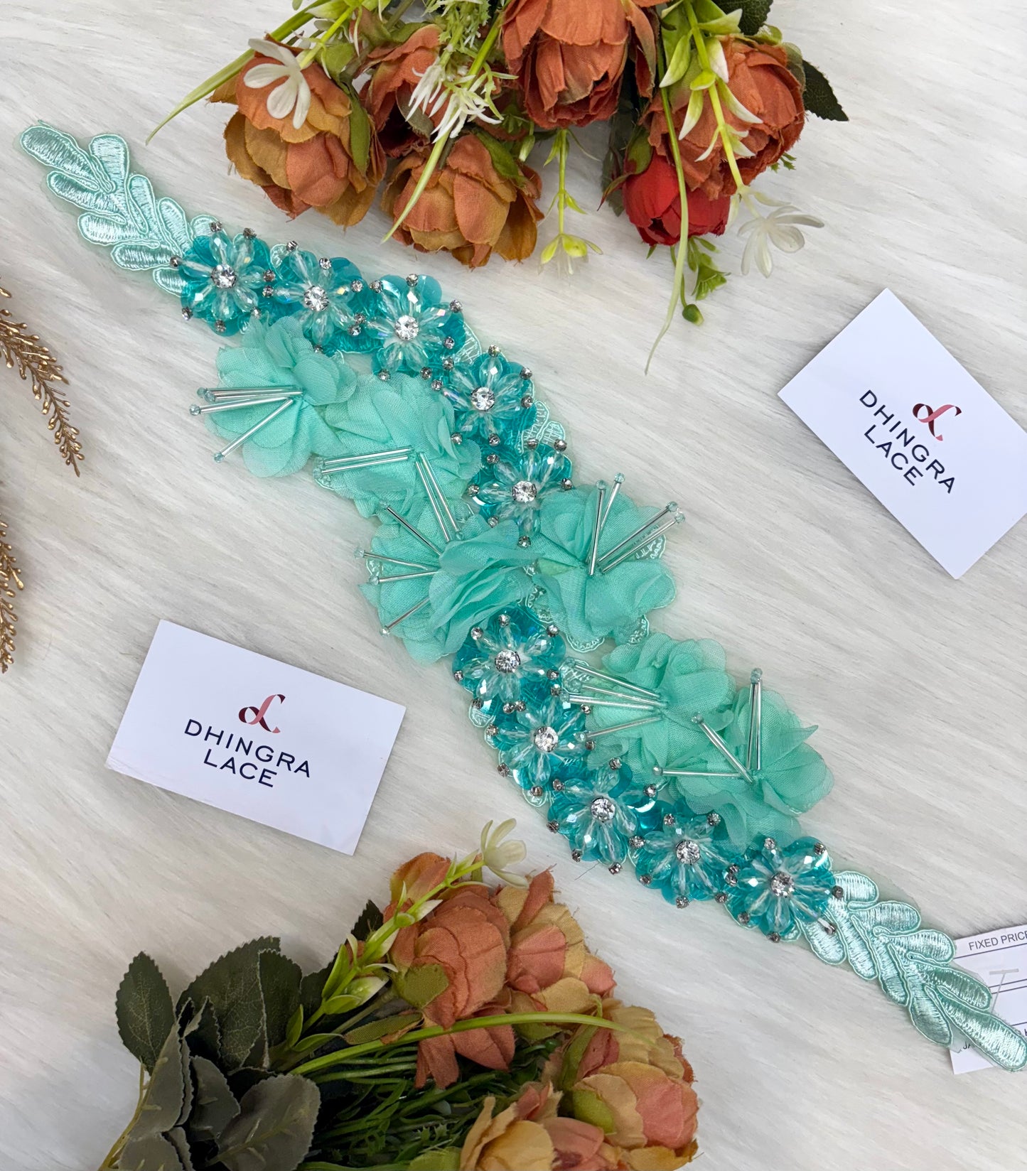 Beautiful Organza Based Crystal And Cutpipe Work Patch Sea Green Length 17 Inches 220125