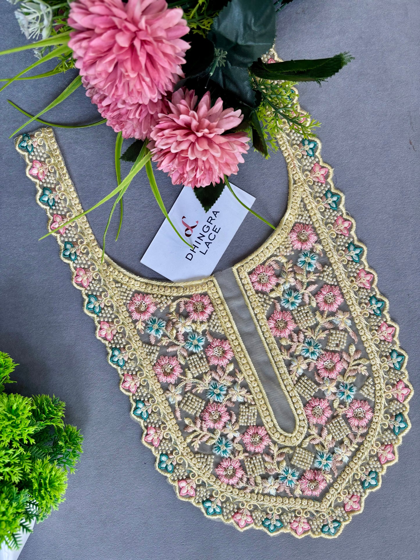 Beautiful Net Based Threadwork & Cutdana Work Neck Yellow 130625/6