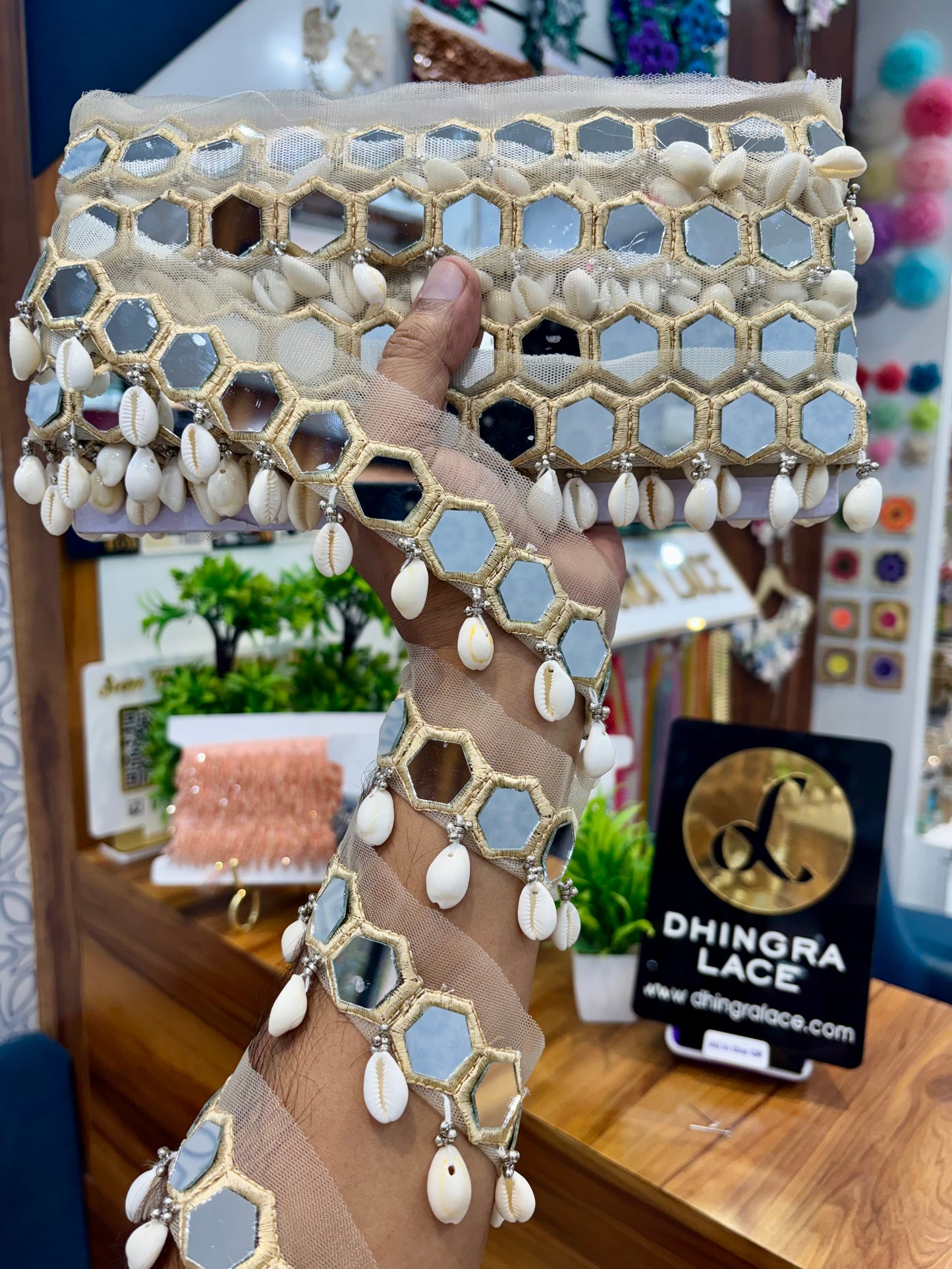 Beautiful Mirror Work Hanging Lace Gold 260925