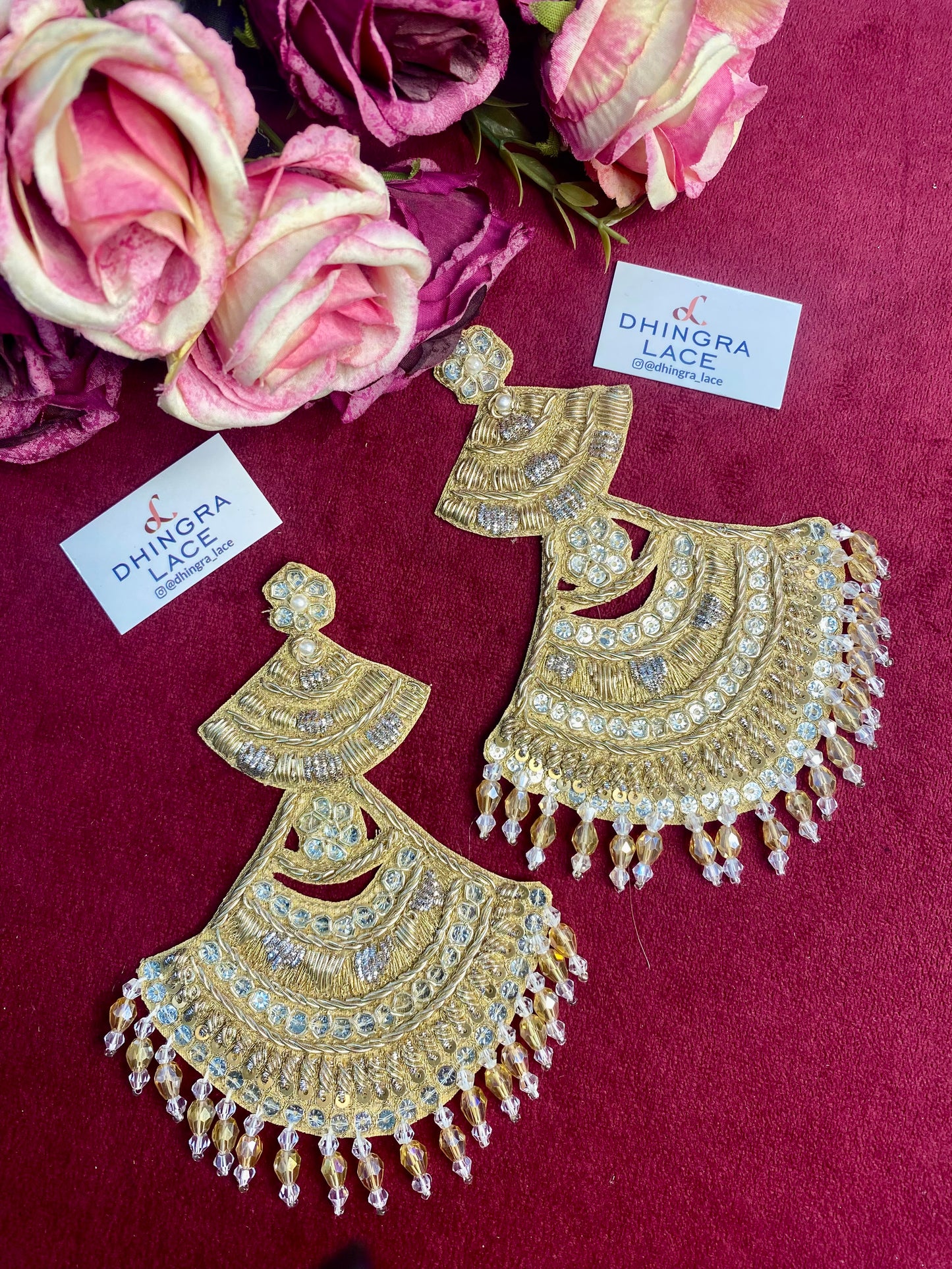 Beautiful Crystal & Zardozi Work Patches Gold L 5 W 4 Inches Pair (2 Pieces) 261225