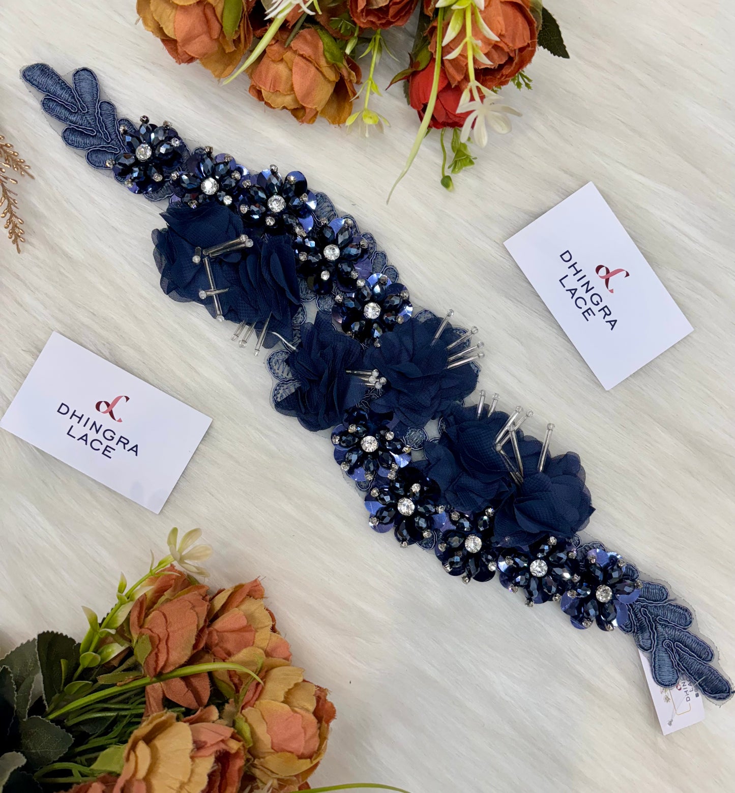 Beautiful Organza Based Crystal And Cutpipe Work Patch Blue Length 17 Inches 220125