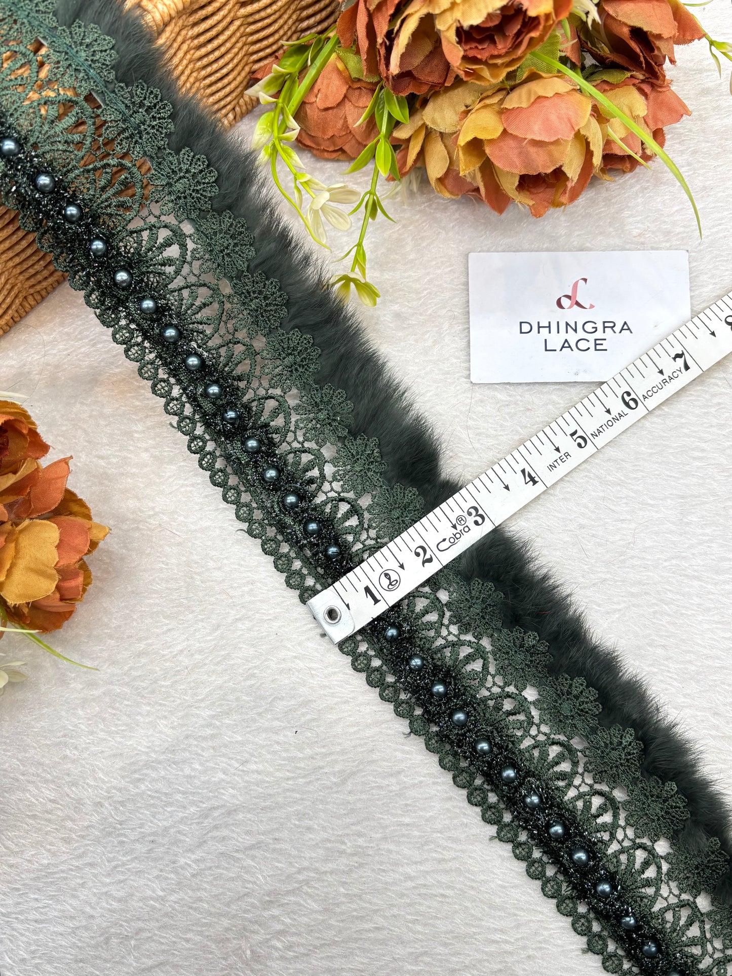 Beautiful Cotton Based Pearls And Feather Work 3 Inches Broad Lace Green 220925