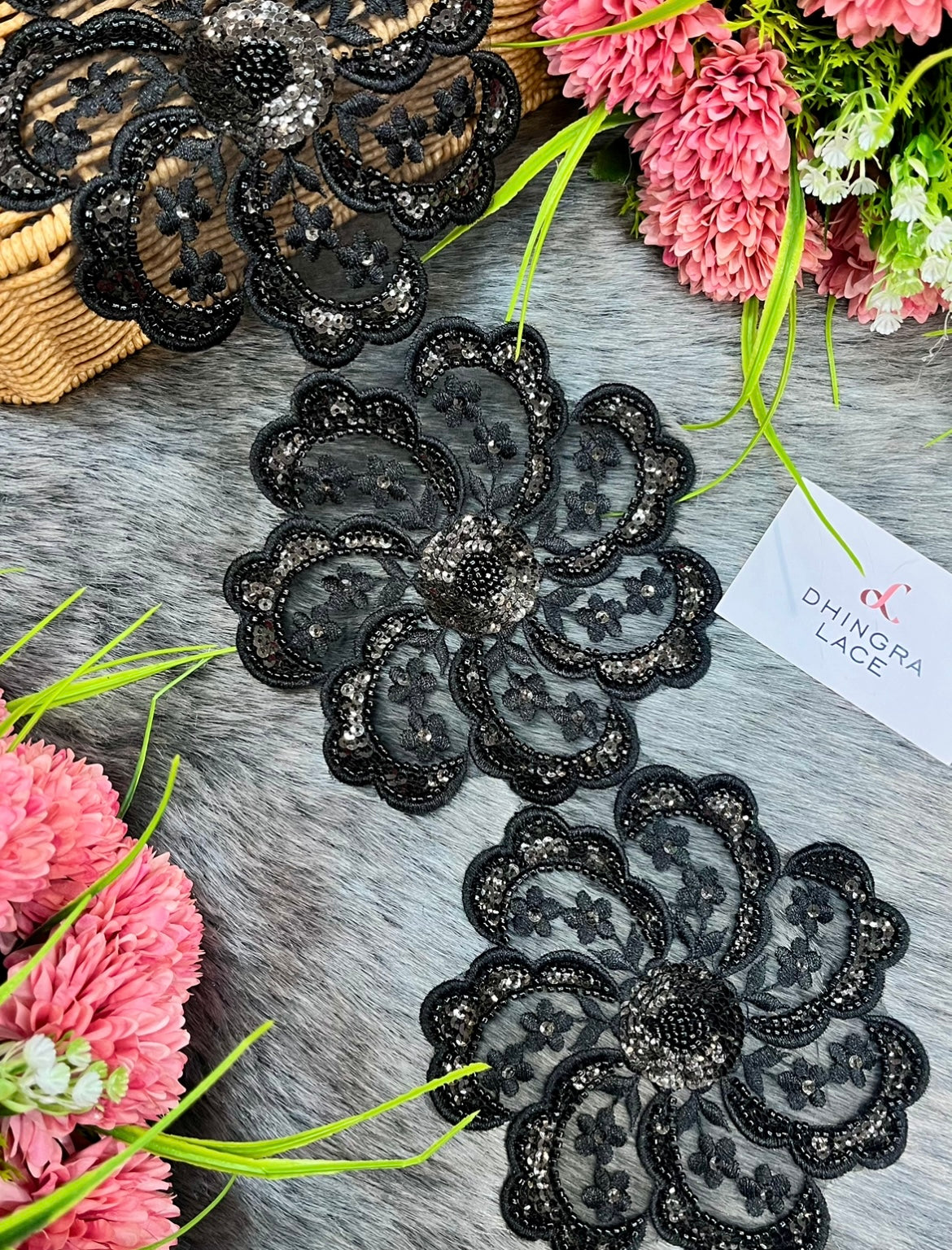 Beautiful Organza Based Cutpipe And Sequence Work Lace Black 7 Patches in 1 Meter Lace 290325