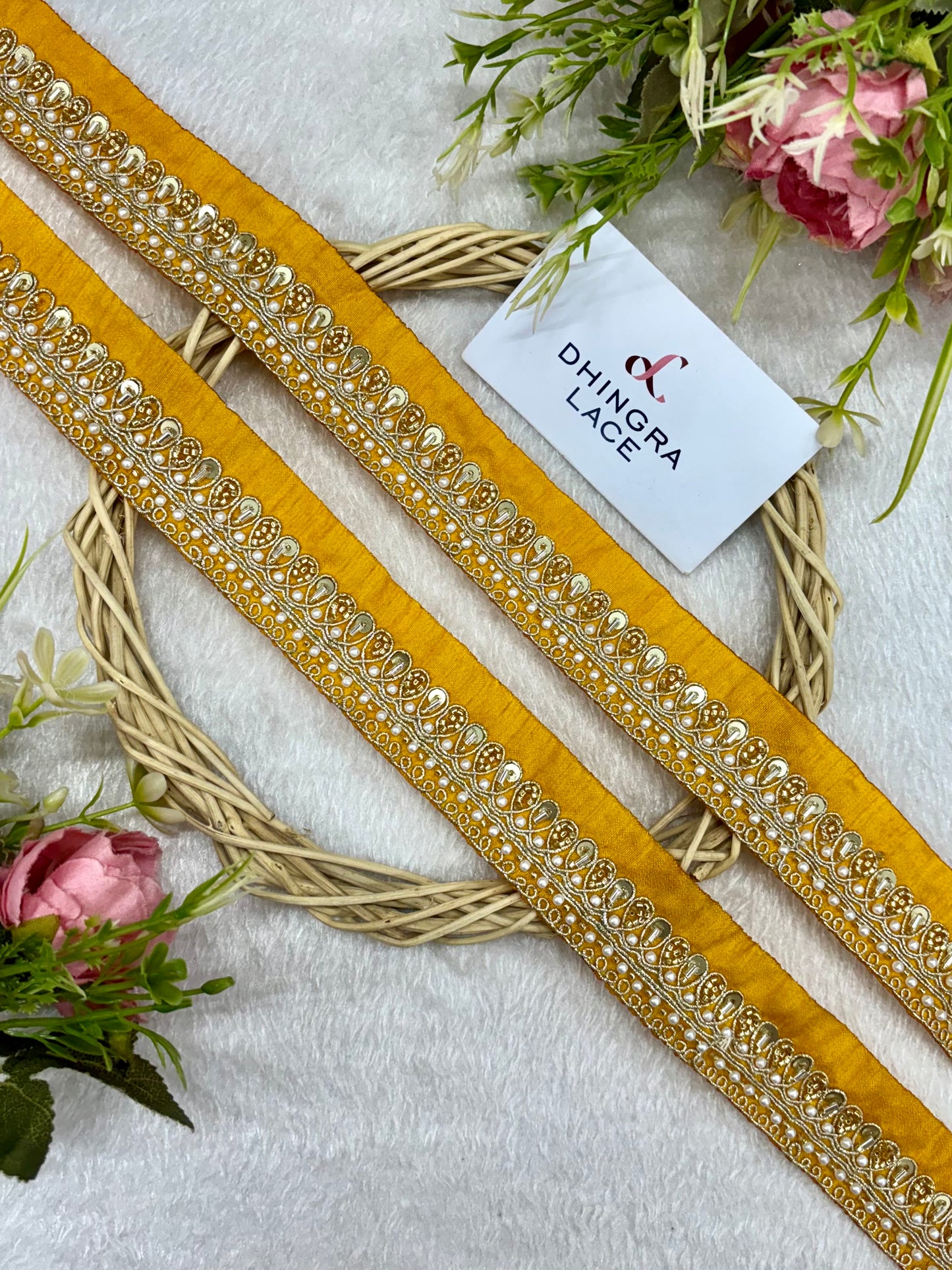 Beautiful Cutpipe Beads And Sequence Work Lace Yellow 221124