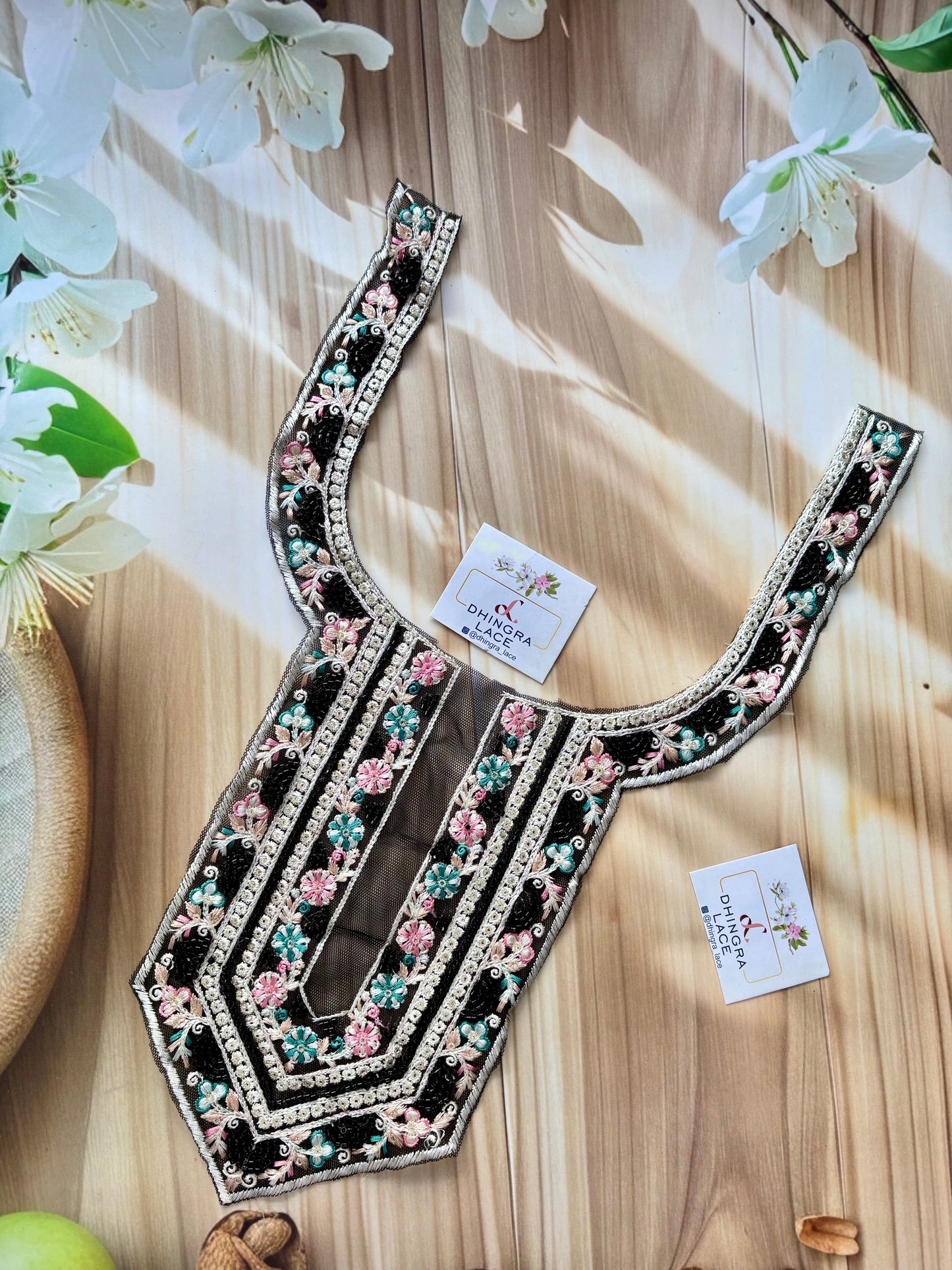 Beautiful Net Based Threadwork & Cutdana Work Neck Black 130625/7