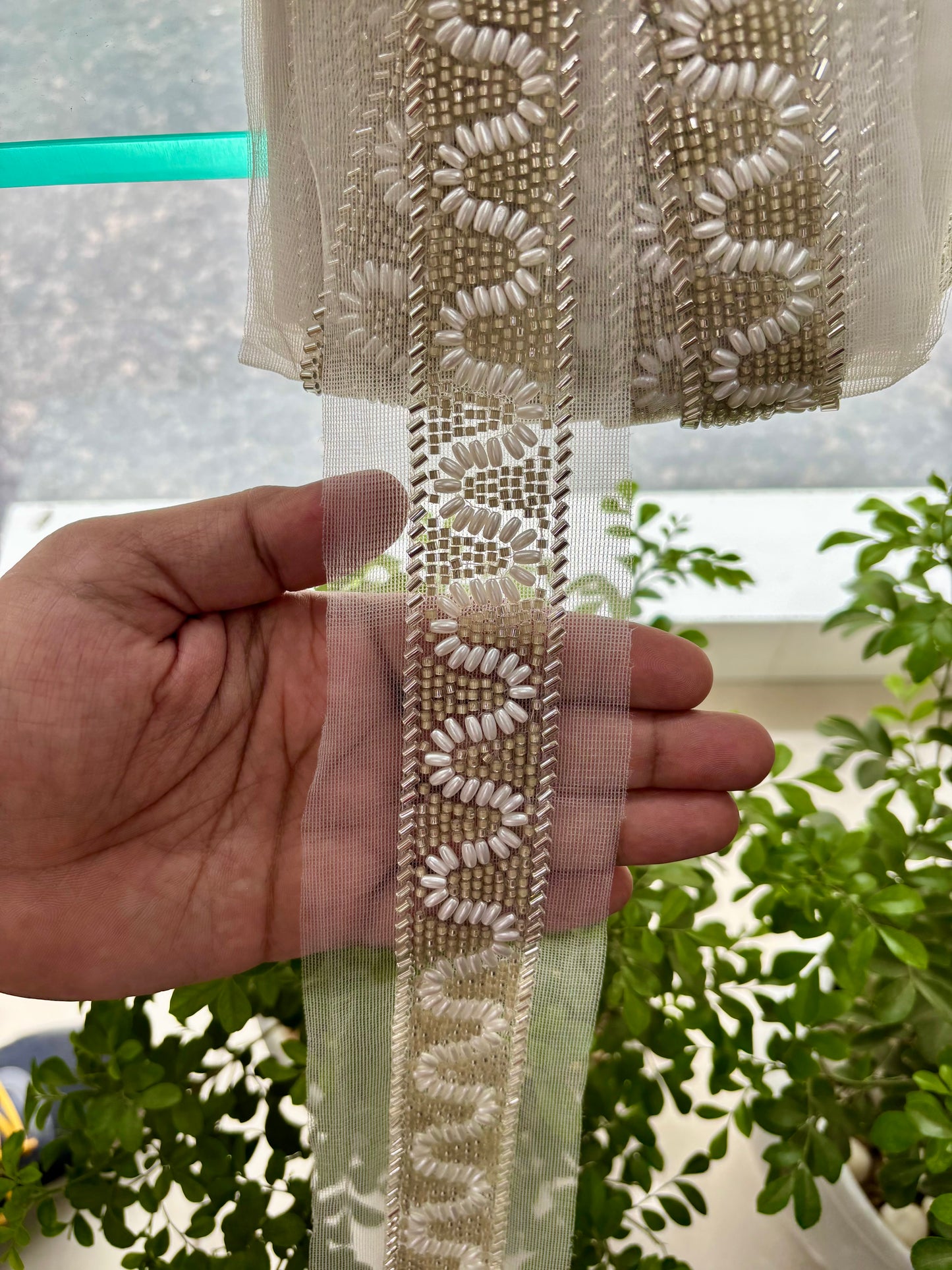 Beautiful Handwork Cutpipe And Beads Work Lace White Silver 170725