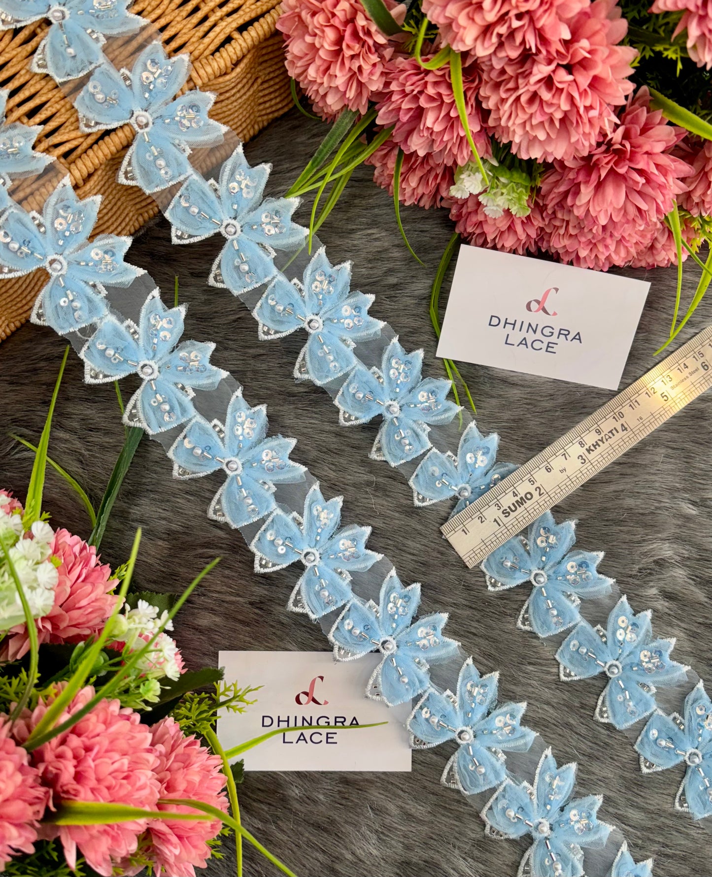 Beautiful Organza Based Cutpipe Sequence And Beads Work Bow Lace Sky Blue 220225