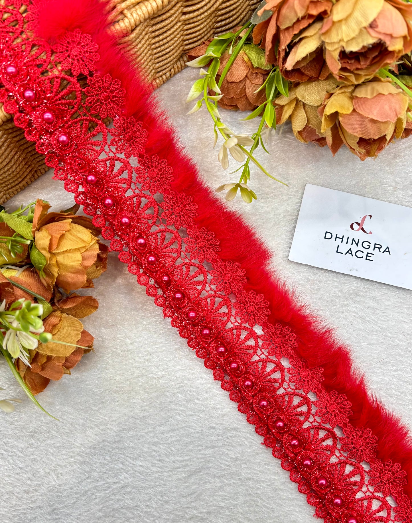 Beautiful Cotton Based Pearls And Feather Work 3 Inches Broad Lace Red 210125