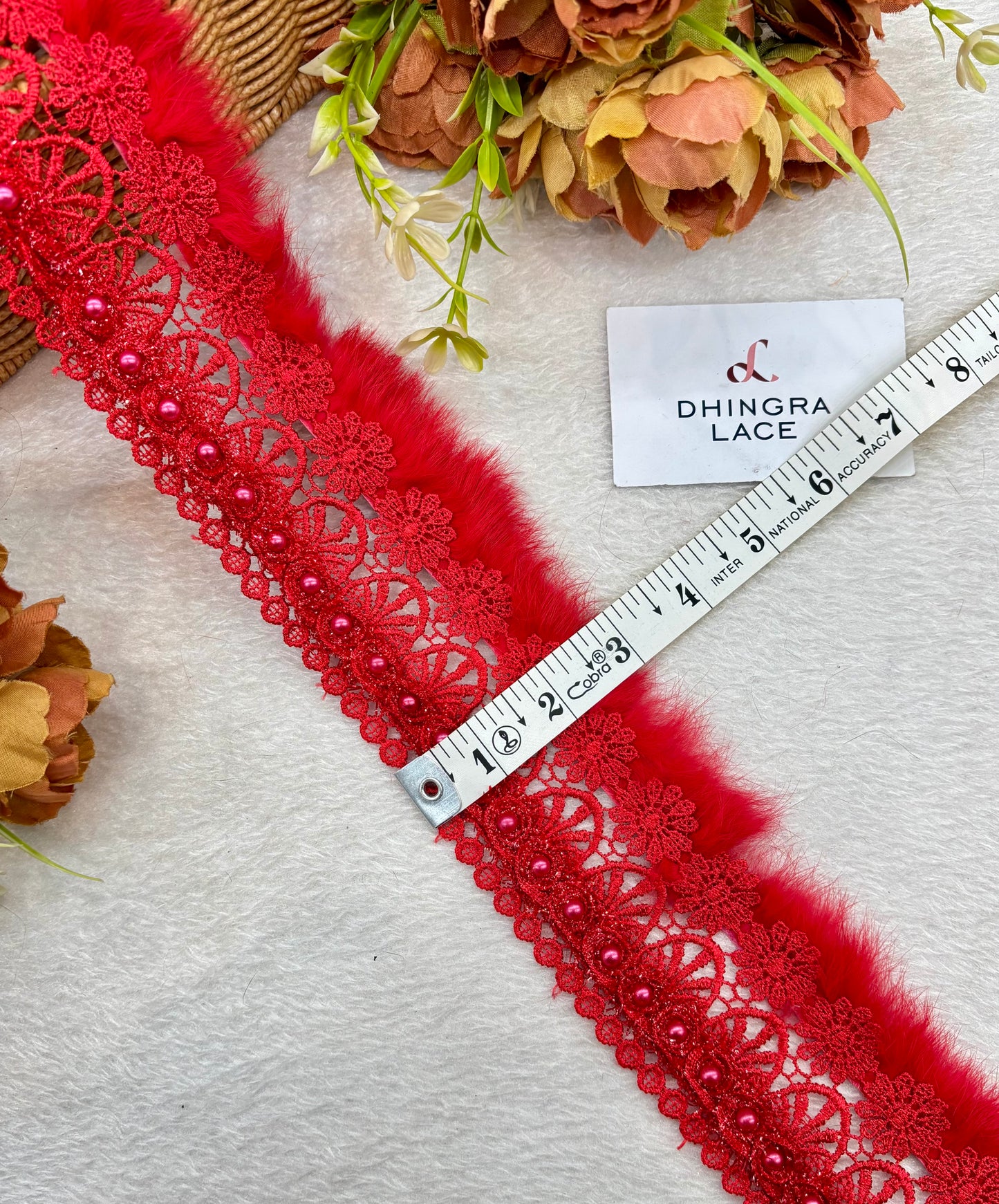 Beautiful Cotton Based Pearls And Feather Work 3 Inches Broad Lace Red 220925