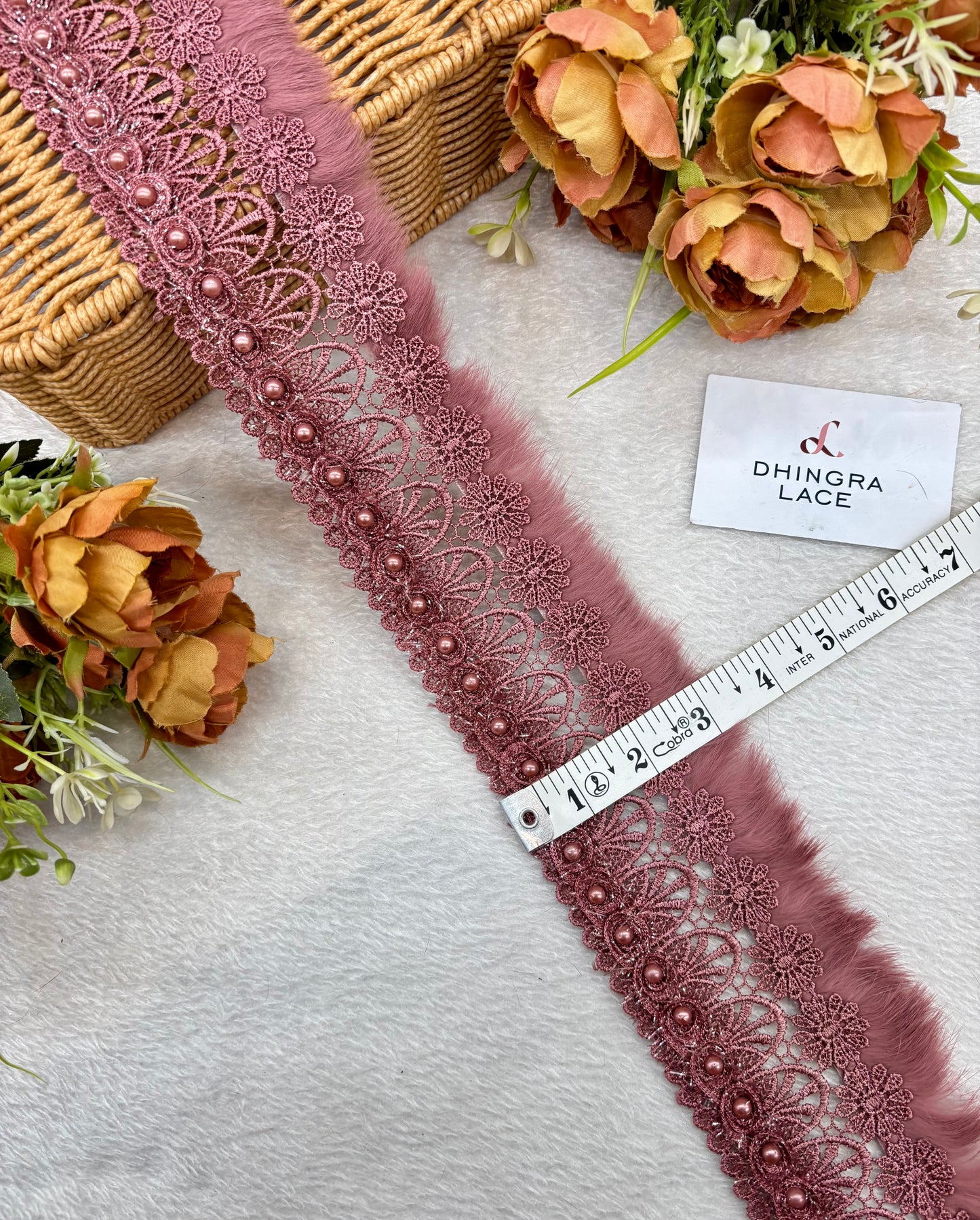 Beautiful Cotton Based Pearls And Feather Work 3 Inches Broad Lace Onion Pink / China Rose 220925