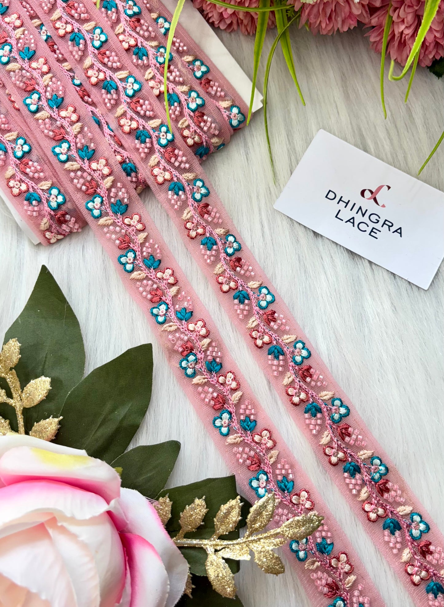 Beautiful Net Based Threadwork & Cutdana Work Lace Pink 130625/8