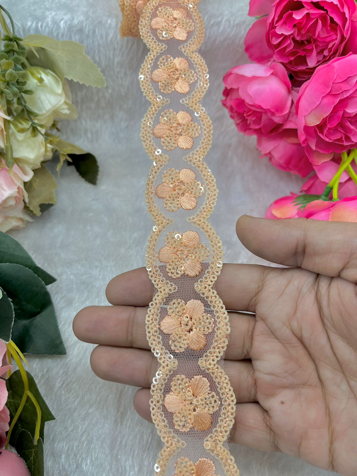 Beautiful Sequins Work Lace Peach 240824