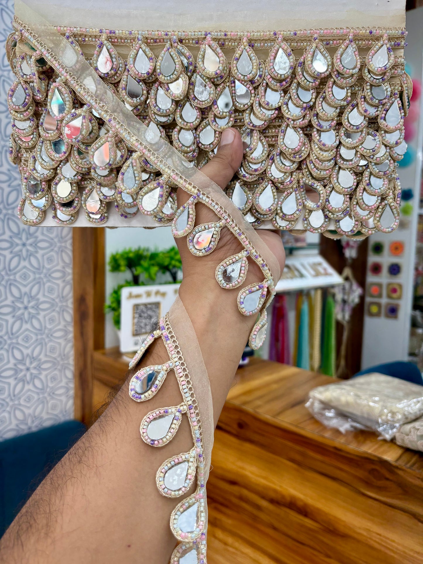 Beautiful Mirror Work Hanging Lace White Multi 060925