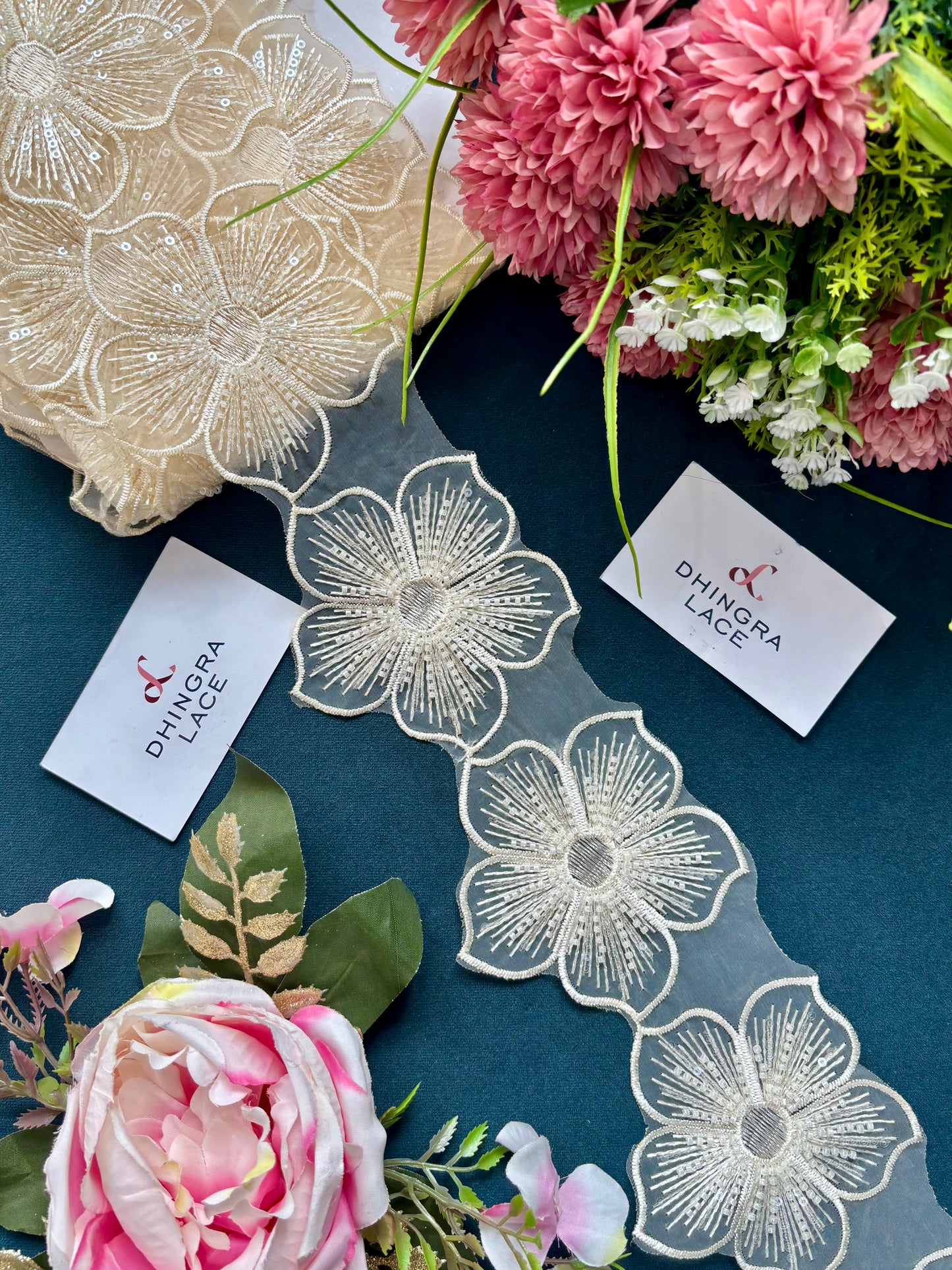 Beautiful Organza Based Cutdana And Sequence Work Flower Lace Off White 11 Flower In 1 Meter Lace 210625